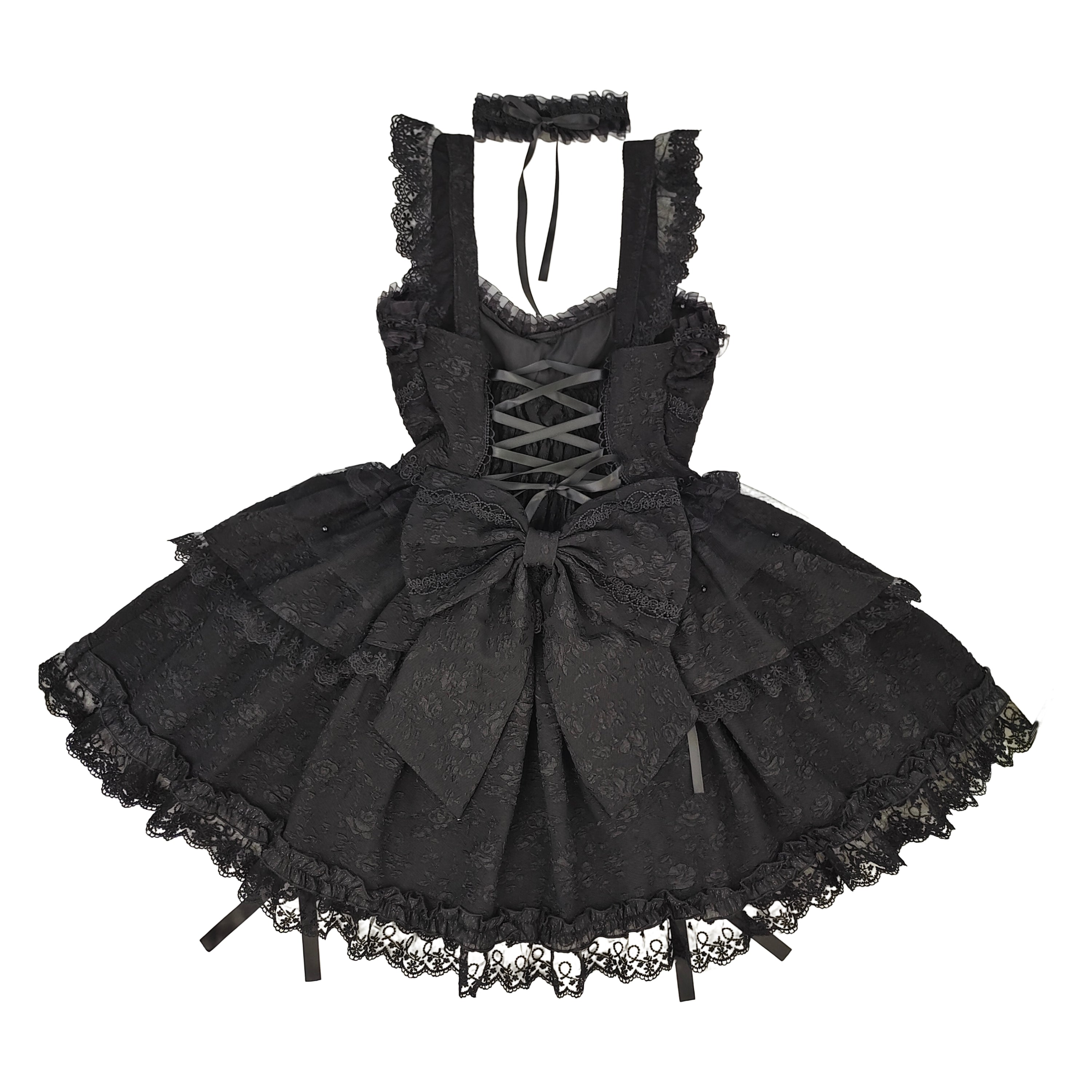 Black Gothic Lolita Sleeveless Short Dress with Big Bow & Lace Trim