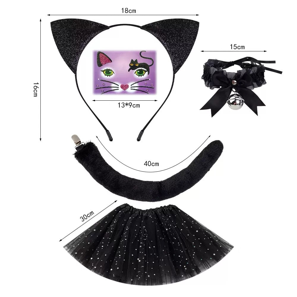 Black cat dress-up set with glitter ears, whisker mask, bowtie, tail, and sparkling black skirt.