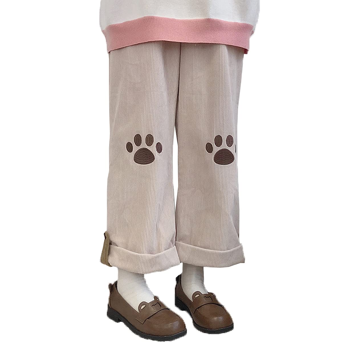 cute cat paw embroidery corduroy trousers pants for girls beige