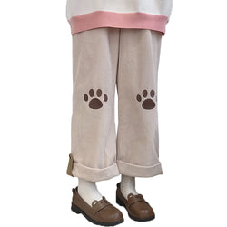 cute cat paw embroidery corduroy trousers pants for girls beige