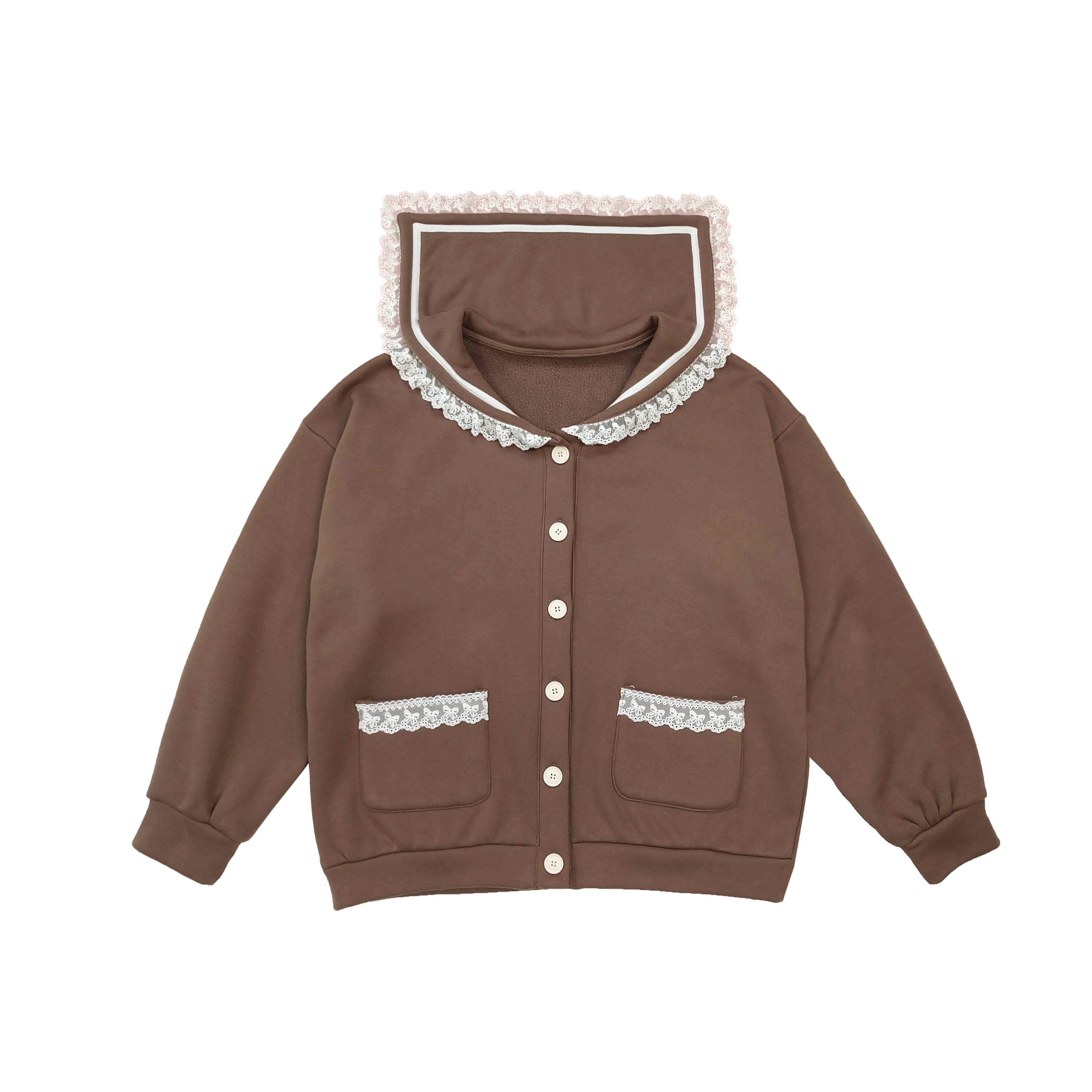 kawaii cardigan, sailor collar jacket, lace trim cardigan, soft girl sweater, brown knit cardigan