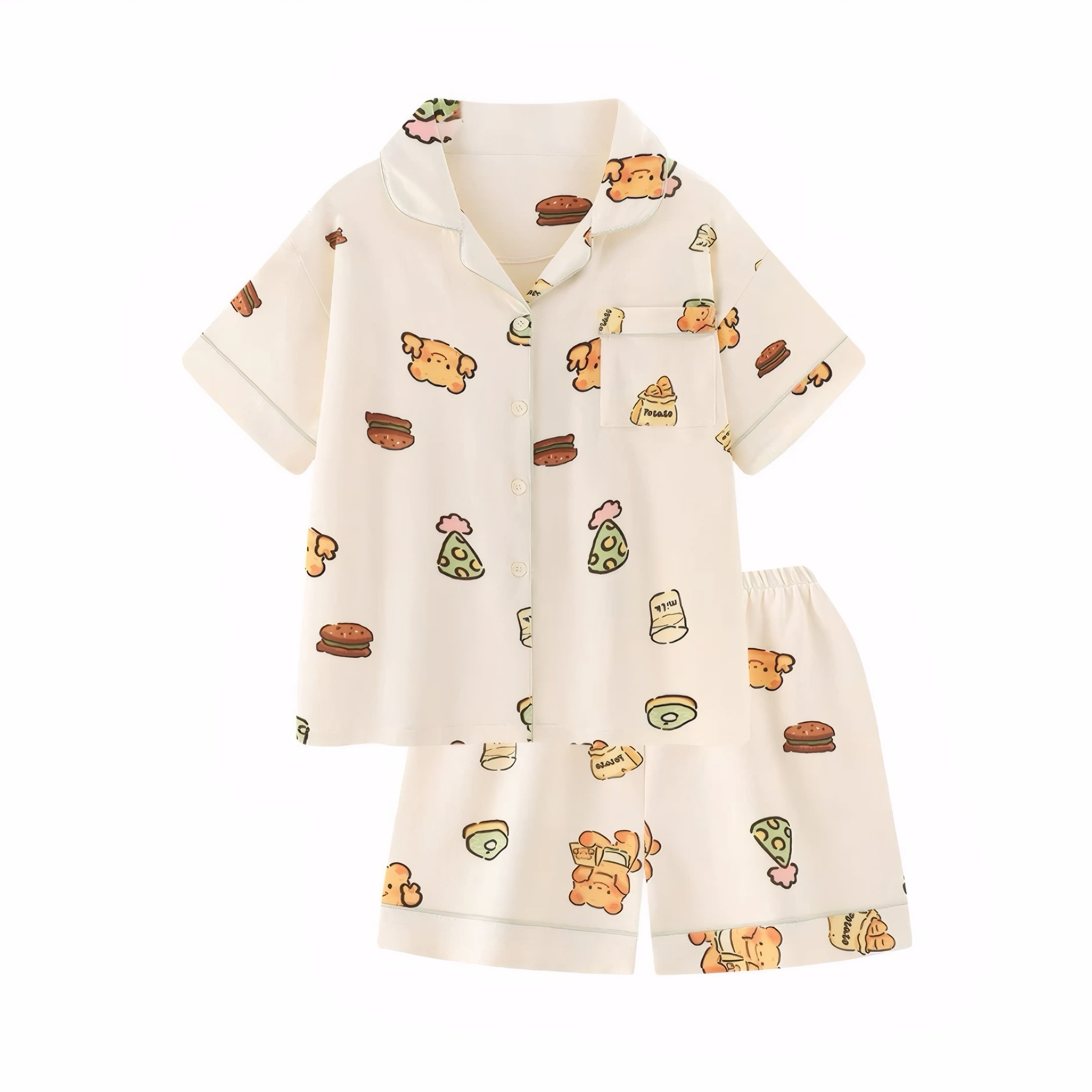 Women’s summer short sleeve pajama set with cute cartoon animal prints, cotton knit fabric