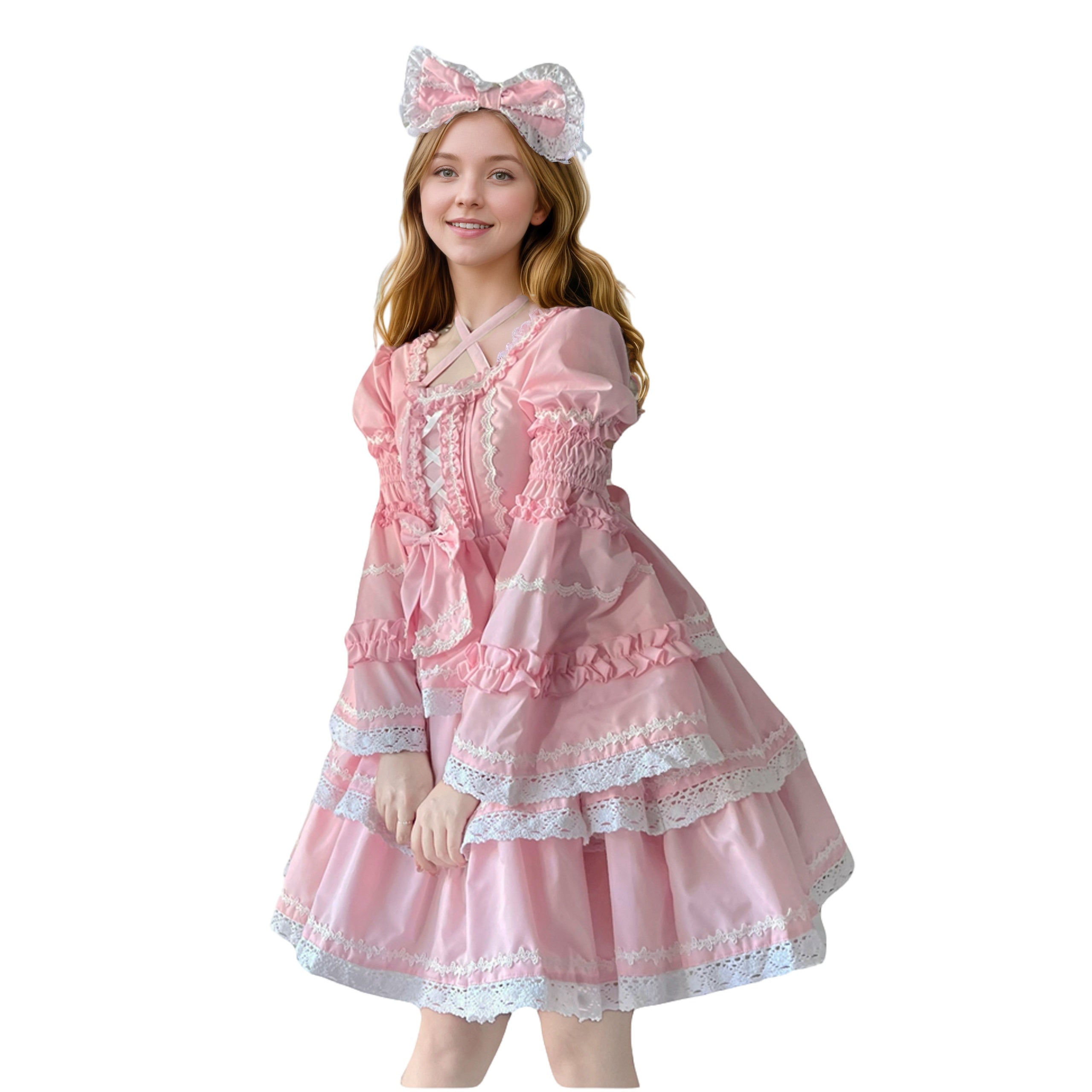 Cute Lolita cosplay outfit with lace, ribbons and pastel colors JSK lolita costume lace trim tiered dress
