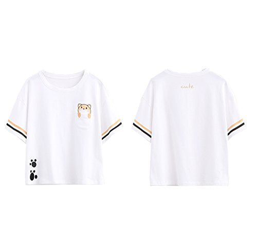 Detail of Shiba Inu cartoon peeking from chest pocket Kawaii-style dog print cotton t-shirt for women