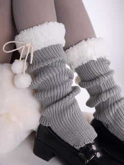 Fuzzy Knit Leg Warmers Pom-Poms Kawaii Sherpa Trim Socks Harajuku Style Winter Lolita JK Sleeves