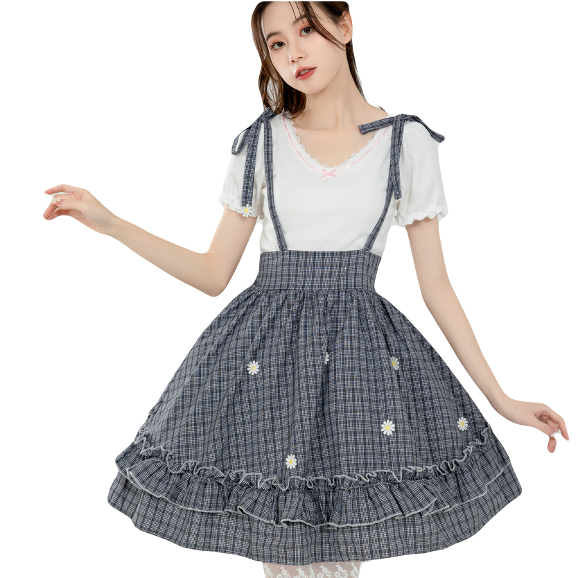 Harajuku fashion plaid daisy embroidered strap suspender skirt gray for lady casual summer dressing
