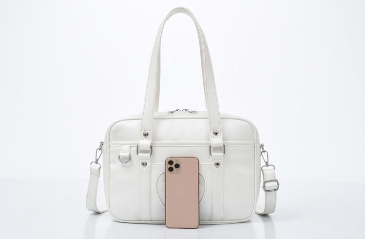 Kawaii Heart Embroidery JK School Shoulder Bag Japanese PU Leather Crossbody Tote for Daily Commuting