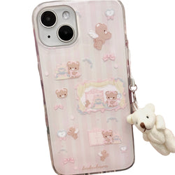 Pink striped iPhone case with angel bear and plush charm cute teddy iphone case