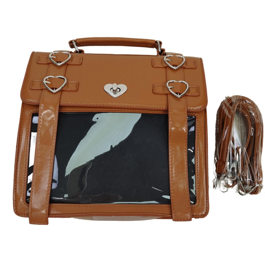 Kawaii Heart Buckle PU Leather Ita Bag Brown Satchel Backpack Cute Transparent Window Display Bag