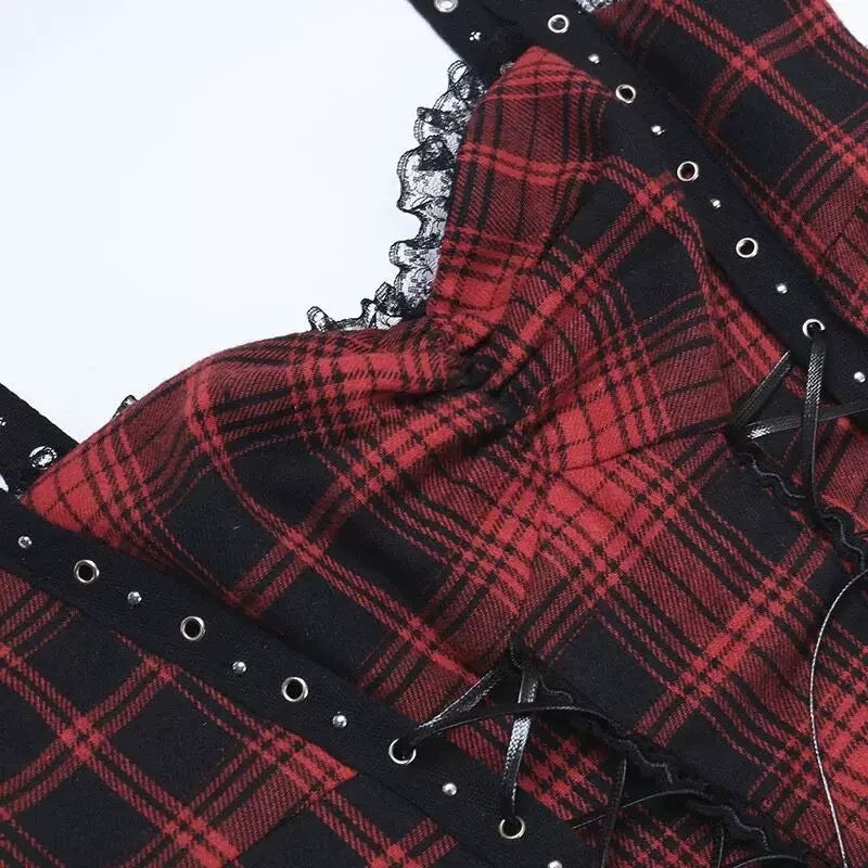 Gothic Red Plaid Suspender Dress Punk Lace Trim Corset A-Line Mini Skirt for Women
