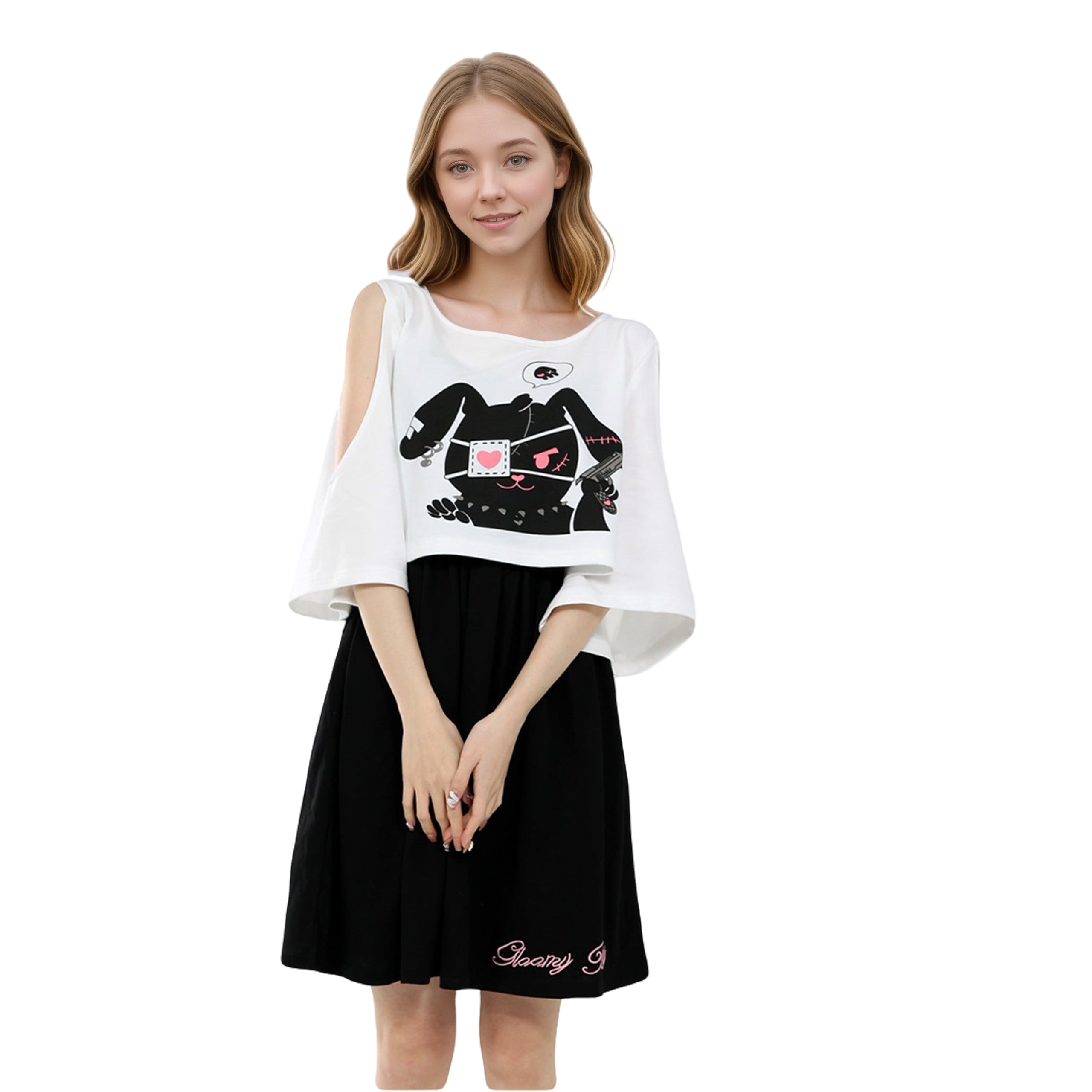 Gloomy Rabbit 2-Piece Kawaii Dress Set Graphic Tee Spaghetti Strap Bla