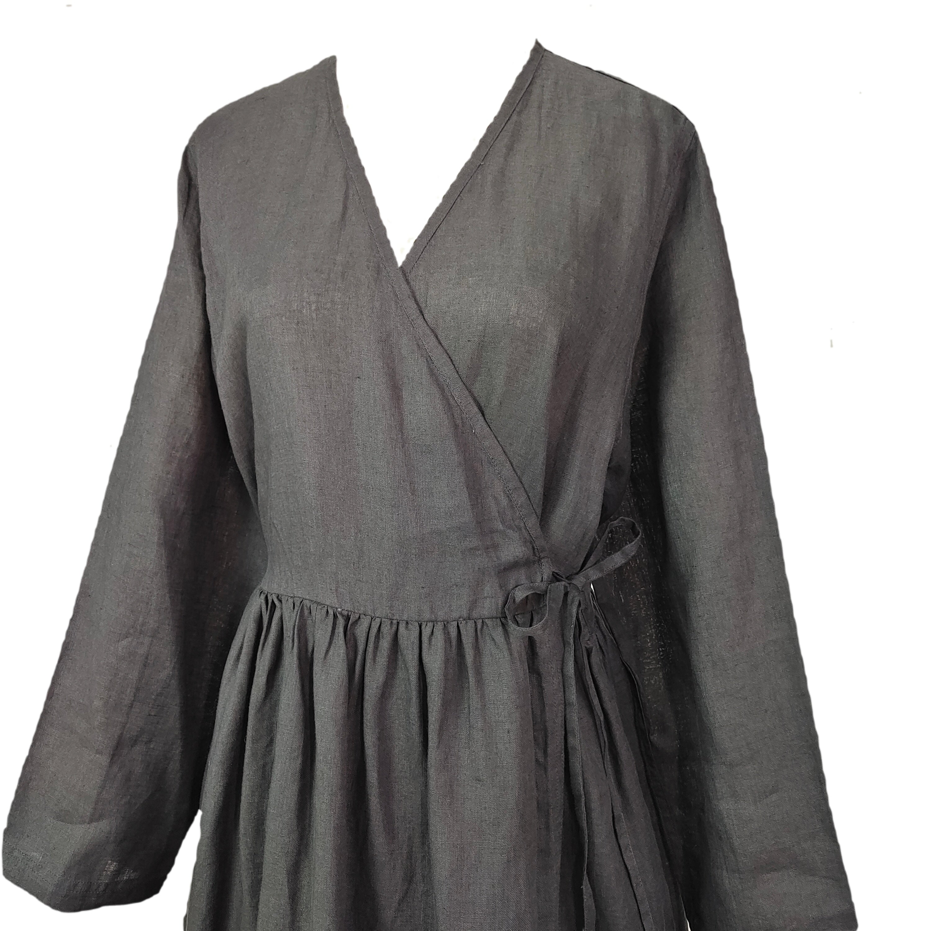 100% Linen Wrap Dress Long Sleeve V-Neck Tea Dress Casual Elegant Mid-Length Robe with Belt & Pockets