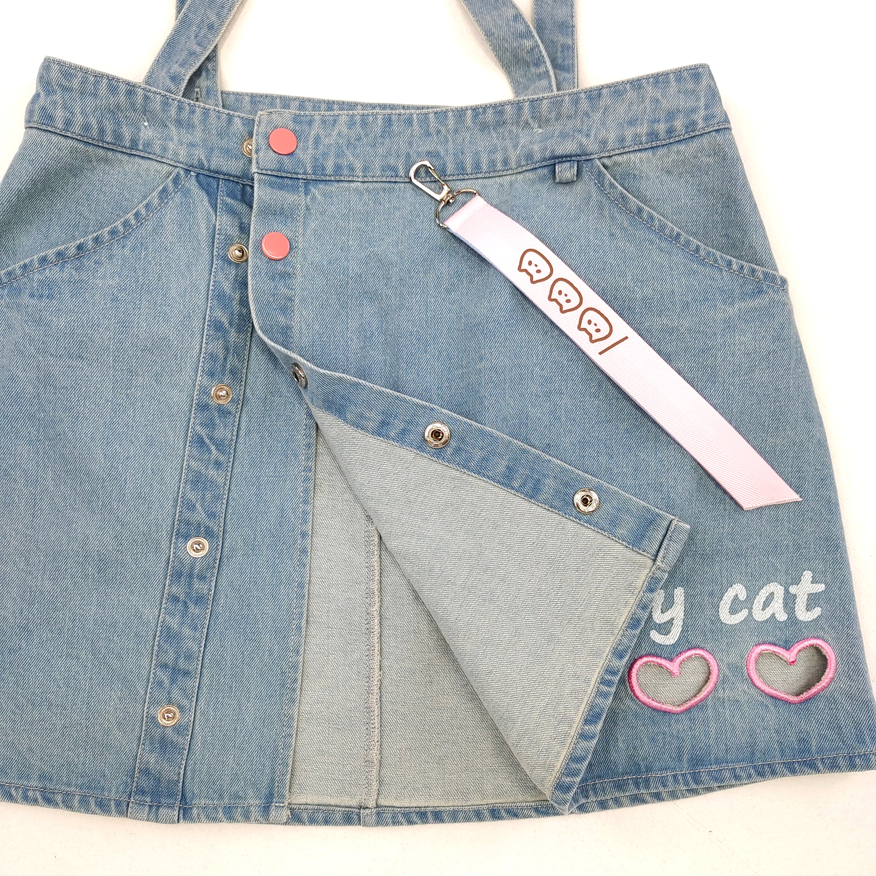 Cute Denim Suspender Skirt with Pink Heart Embroidery Lovely Cat Print A-Line Button Front Jean Mini Dress