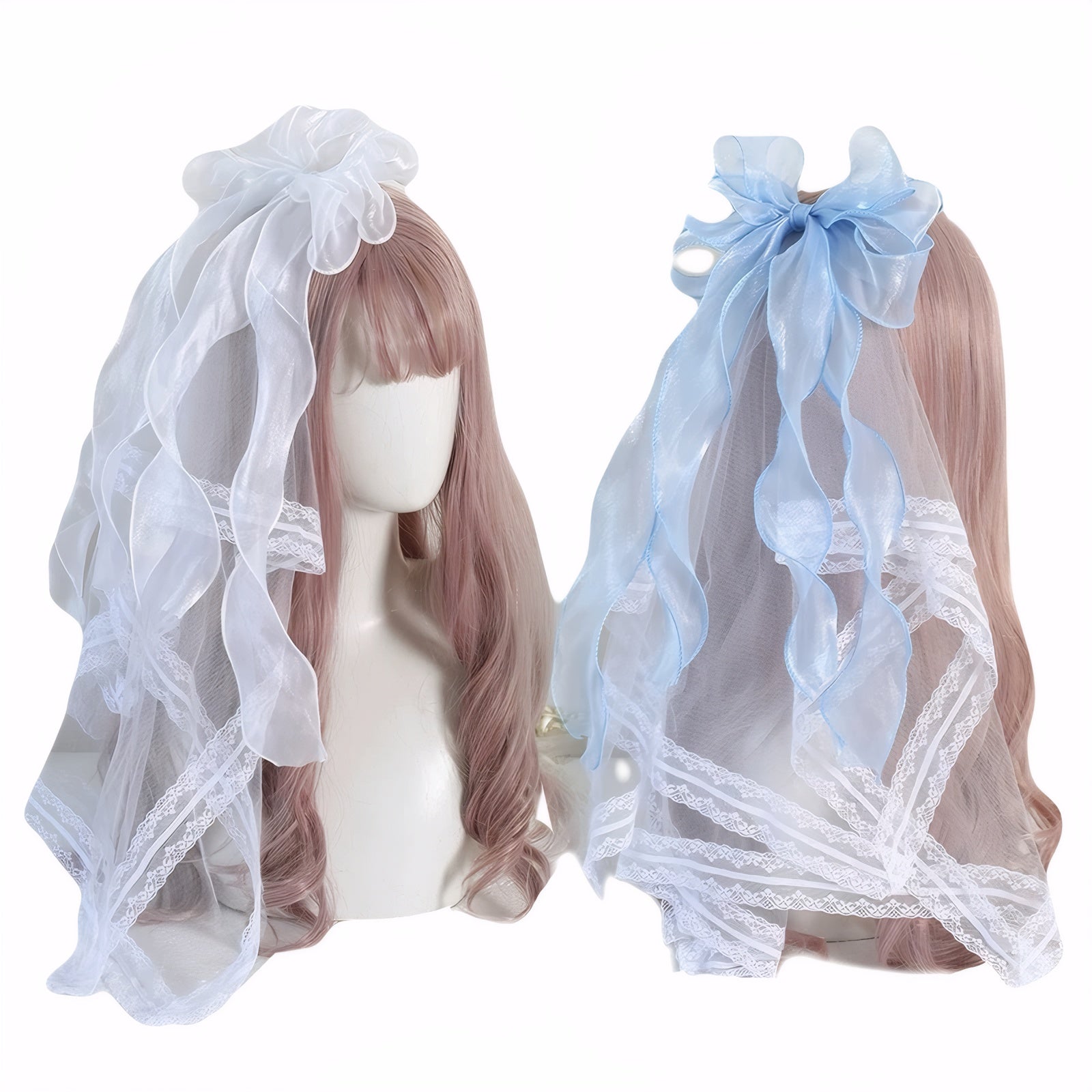 White and blue kawaii bridal veil headpiece with bow clip Lolita veil hair clip kawaii bow headpiece lace bridal veil cosplay