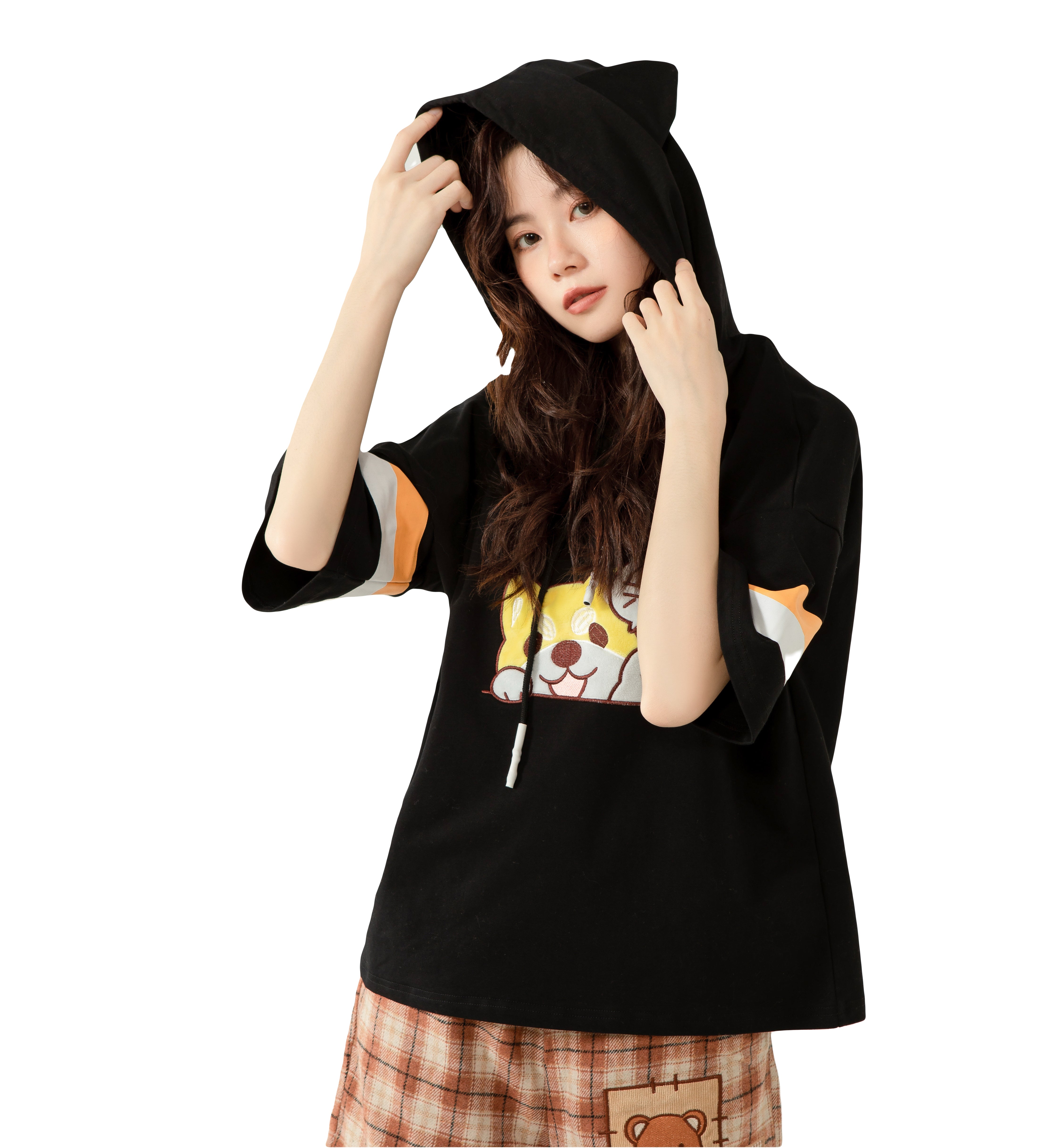 Japanese style pullover short sleeve hoodie cute streetwear