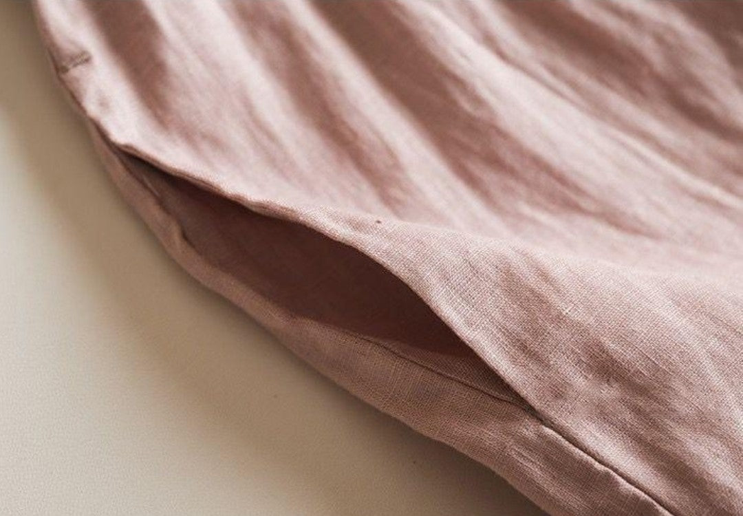 Minimalist Linen V-Neck Dress for Women Short Sleeve Midi Dress with Pockets Summer Loose Fit