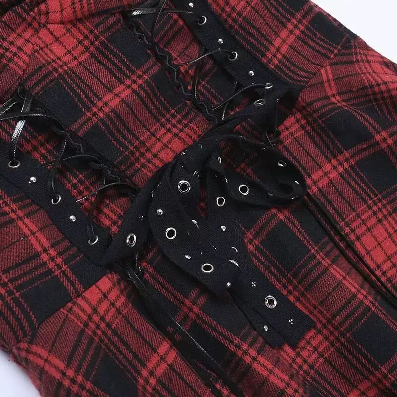 Gothic Red Plaid Suspender Dress Punk Lace Trim Corset A-Line Mini Skirt for Women