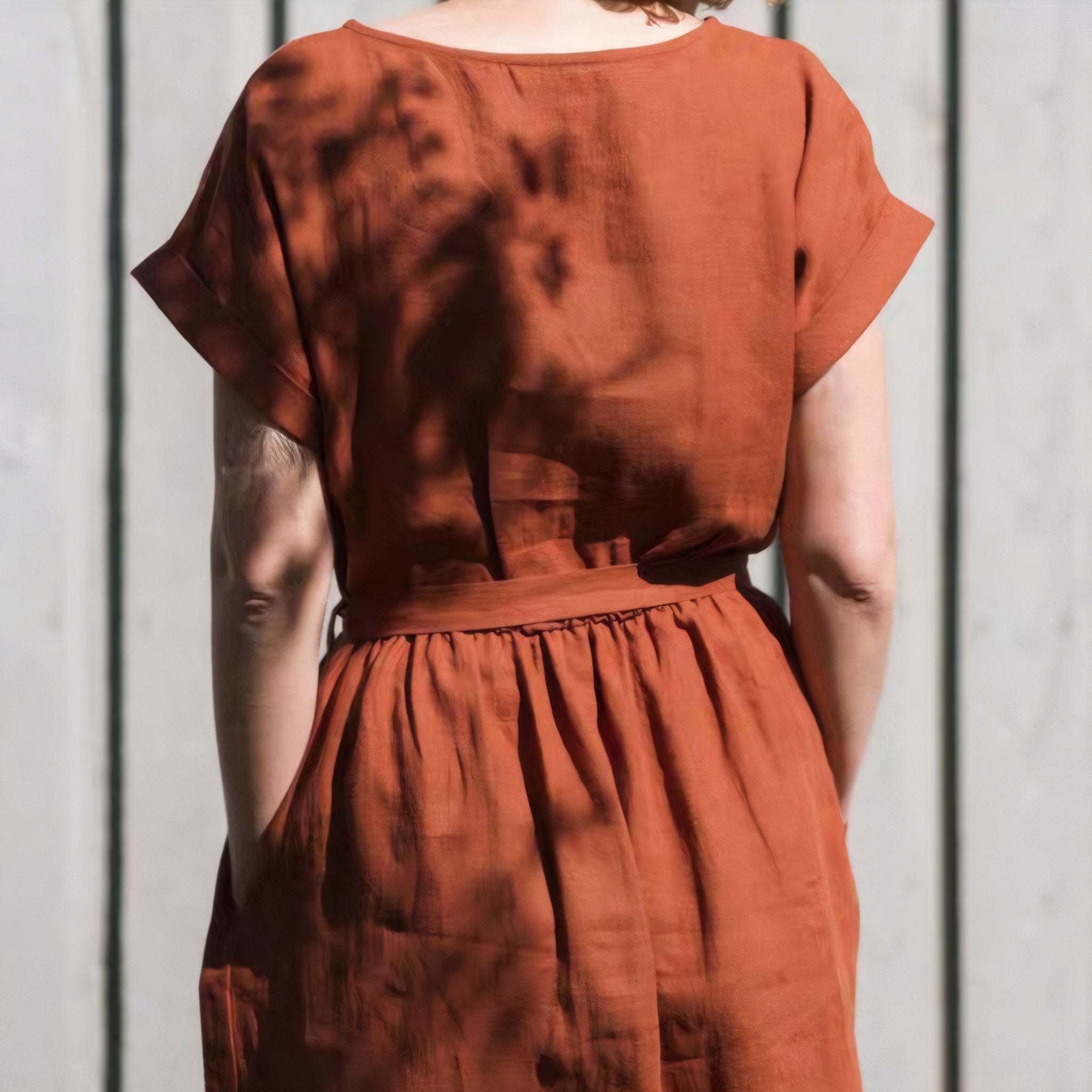 Pure Linen Belted Midi Dress for Women Natural Short Sleeve One-Piece Summer Sundress