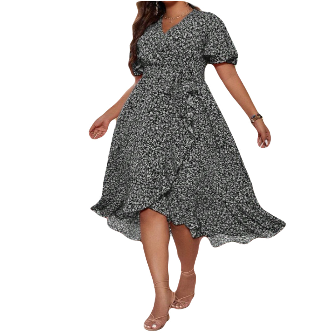 plus size floral midi dress,V neck boho summer plus size wrap A-line dress