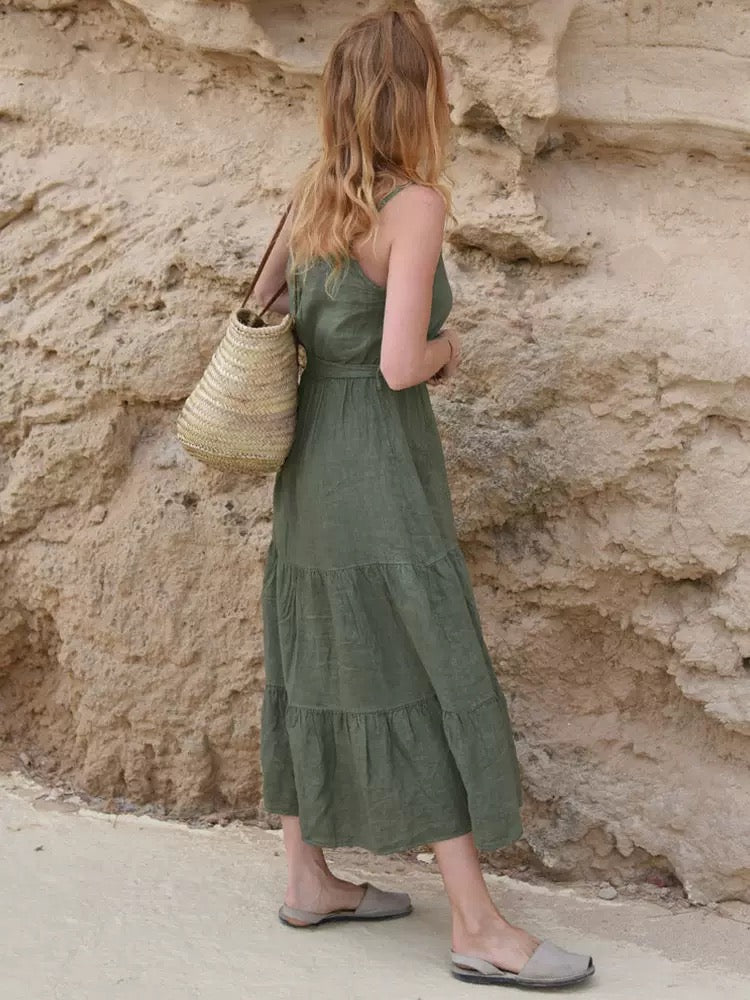 Linen Maxi Dress Spaghetti Strap Sleeveless Summer Long Dress Boho Vacation Style Tiered Sundress with Belt