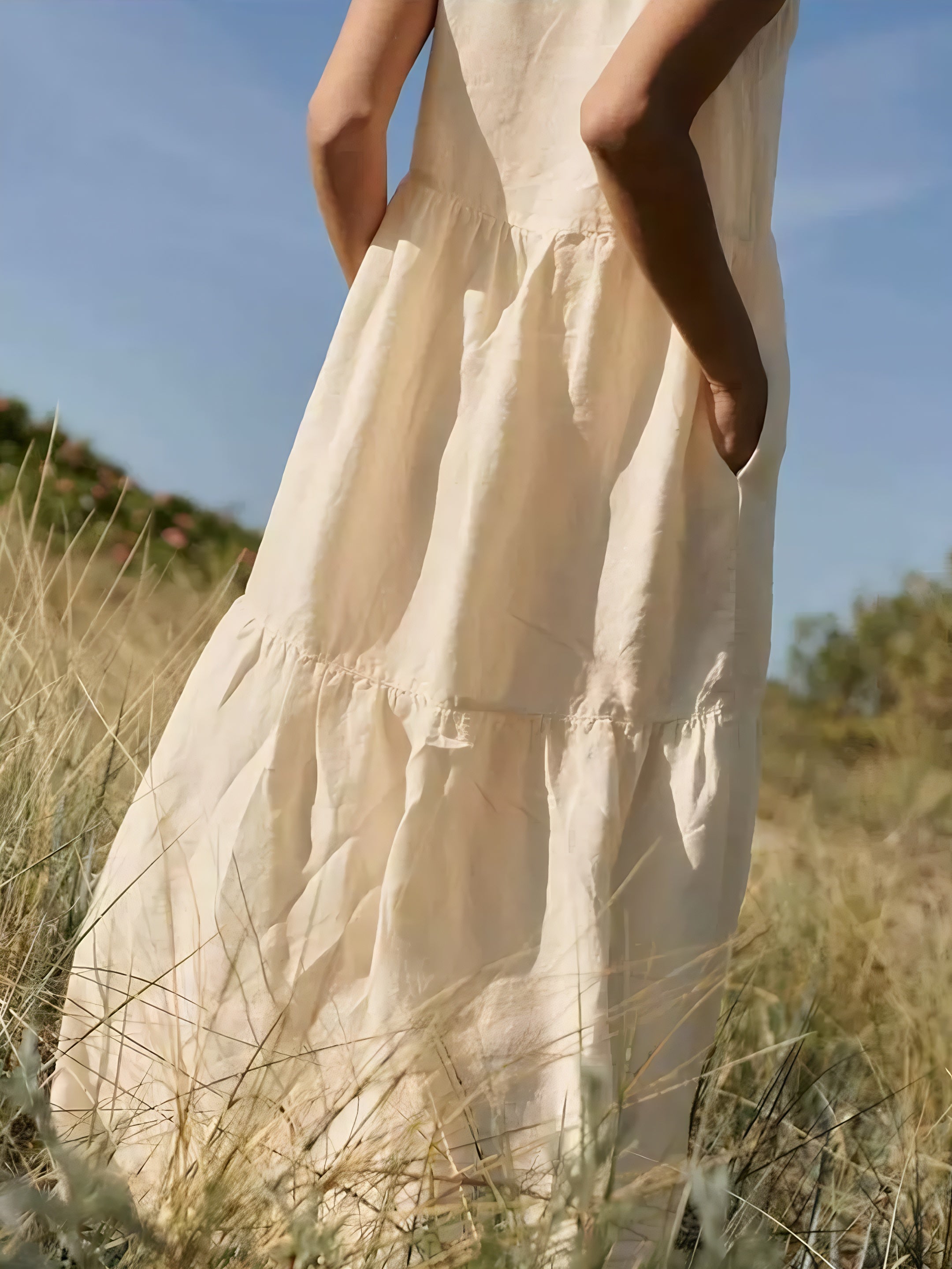 Women’s Cotton Tiered Maxi Dress Elegant V-Neck Sleeveless Long Summer Sundress Loose Fit Cake Hem Casual Vacation Outfit