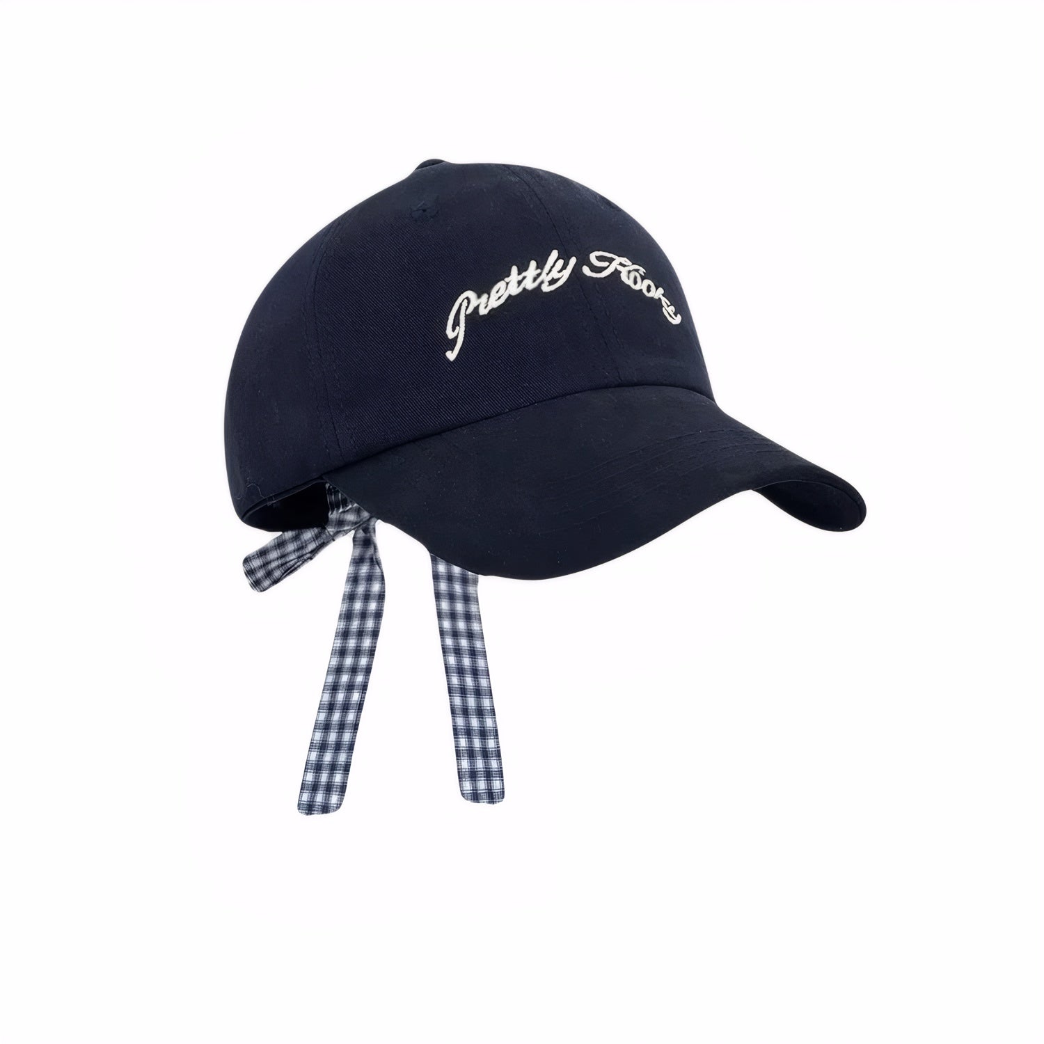Navy blue baseball cap with letter embroidery and gingham bow back soft girl fashion Korean casual hat