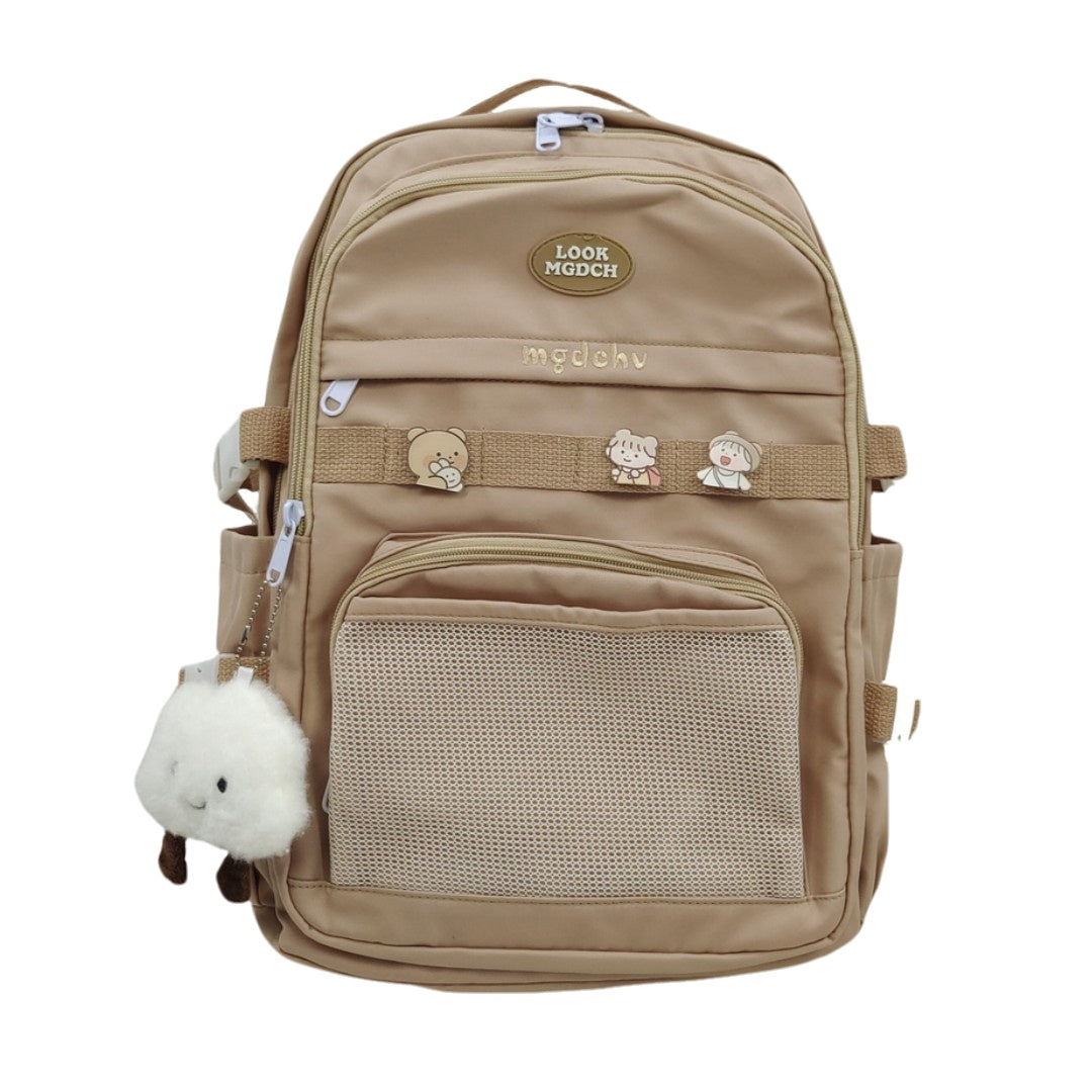 Caramel brown kawaii embroidered backpack with cute cartoon pins, plush cloud keychain, and multiple compartments, size 15.7x11x5 inches