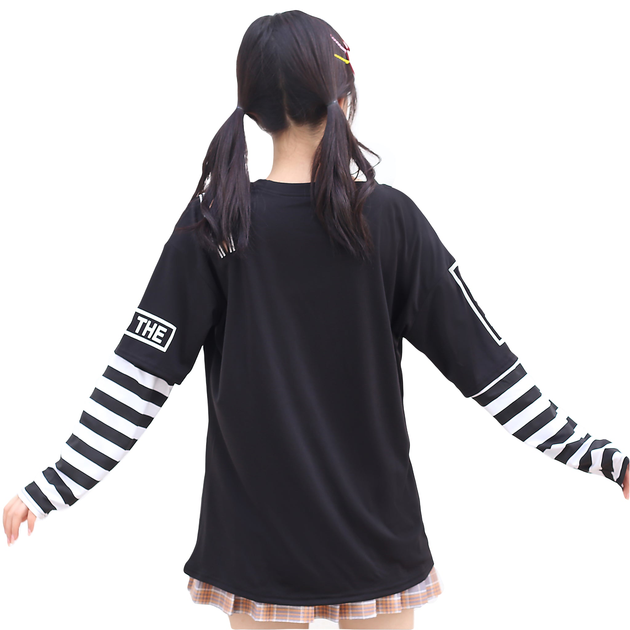 Kawaii Cold Shoulder Striped Long Sleeve Top Harajuku Oversized Fake Two-Piece T-Shirt