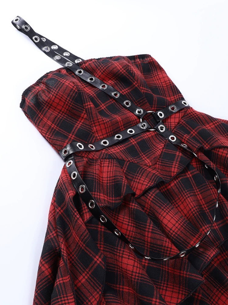 Gothic Red Plaid Punk Dress with Faux Leather Strap Harness Asymmetric Hem Y2K Grunge Girl Style