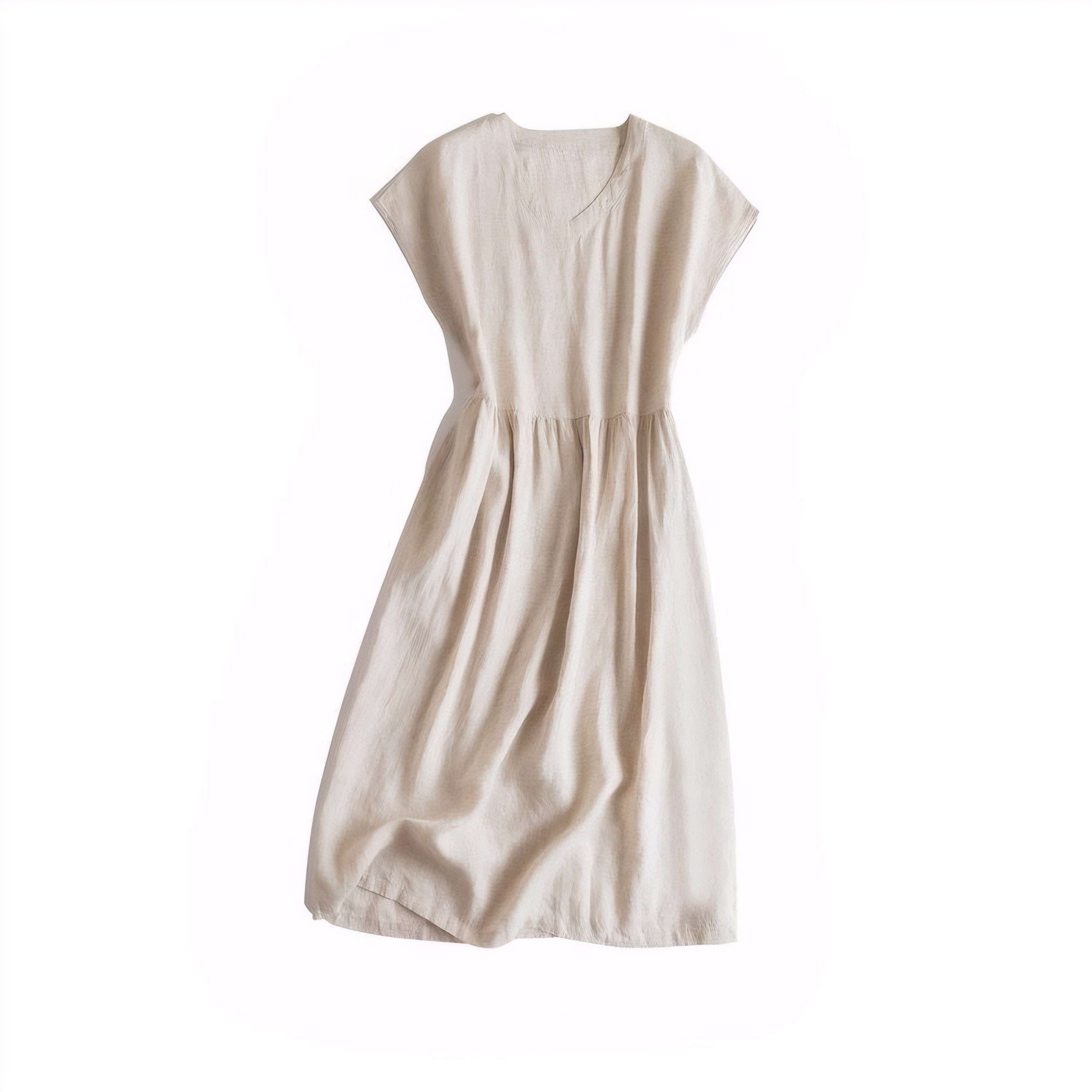 Beige V-Neck Linen Dress – Short Sleeve Summer Wear for Women