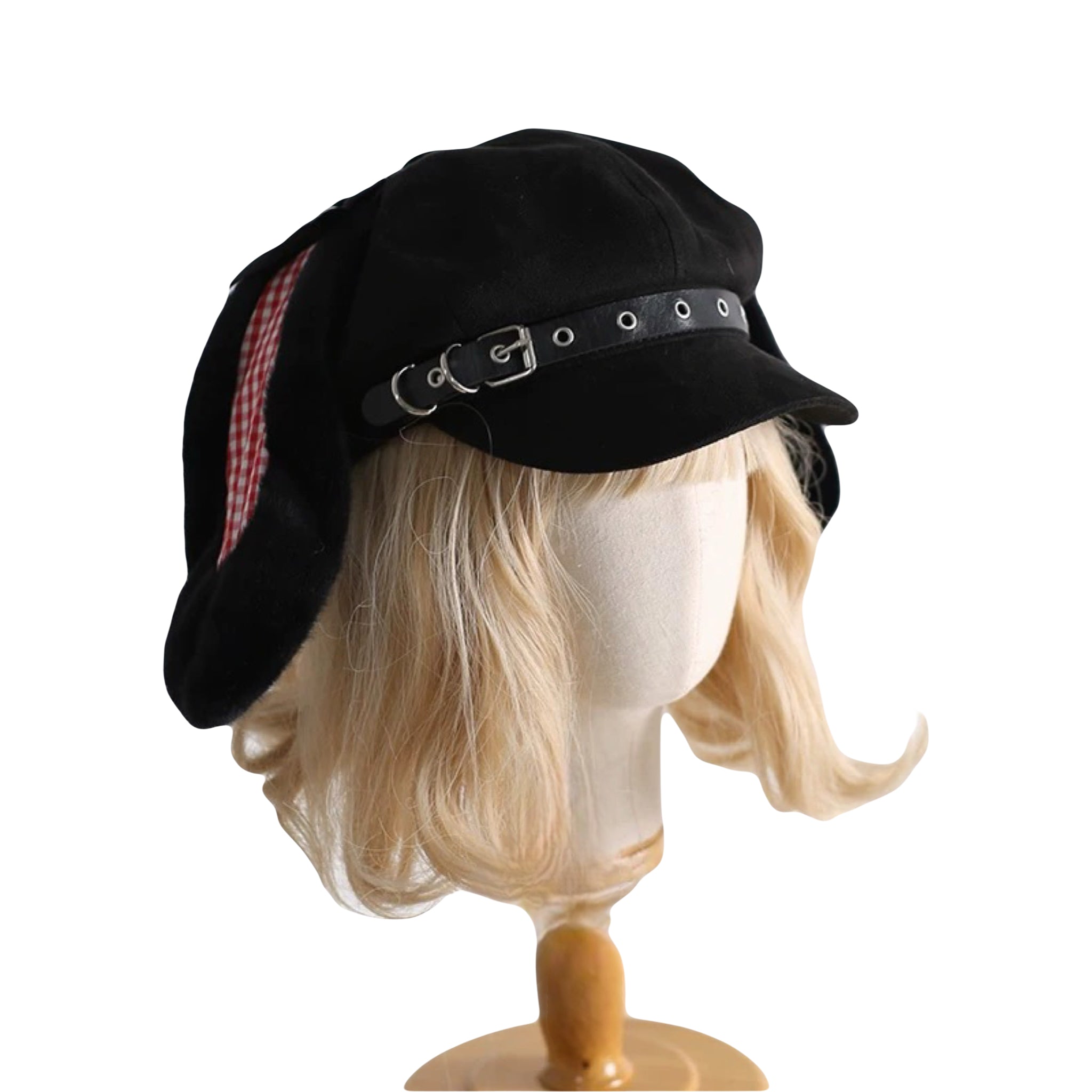 Black subculture eight-panel cap with bunny ears and belt strap Lolita beret