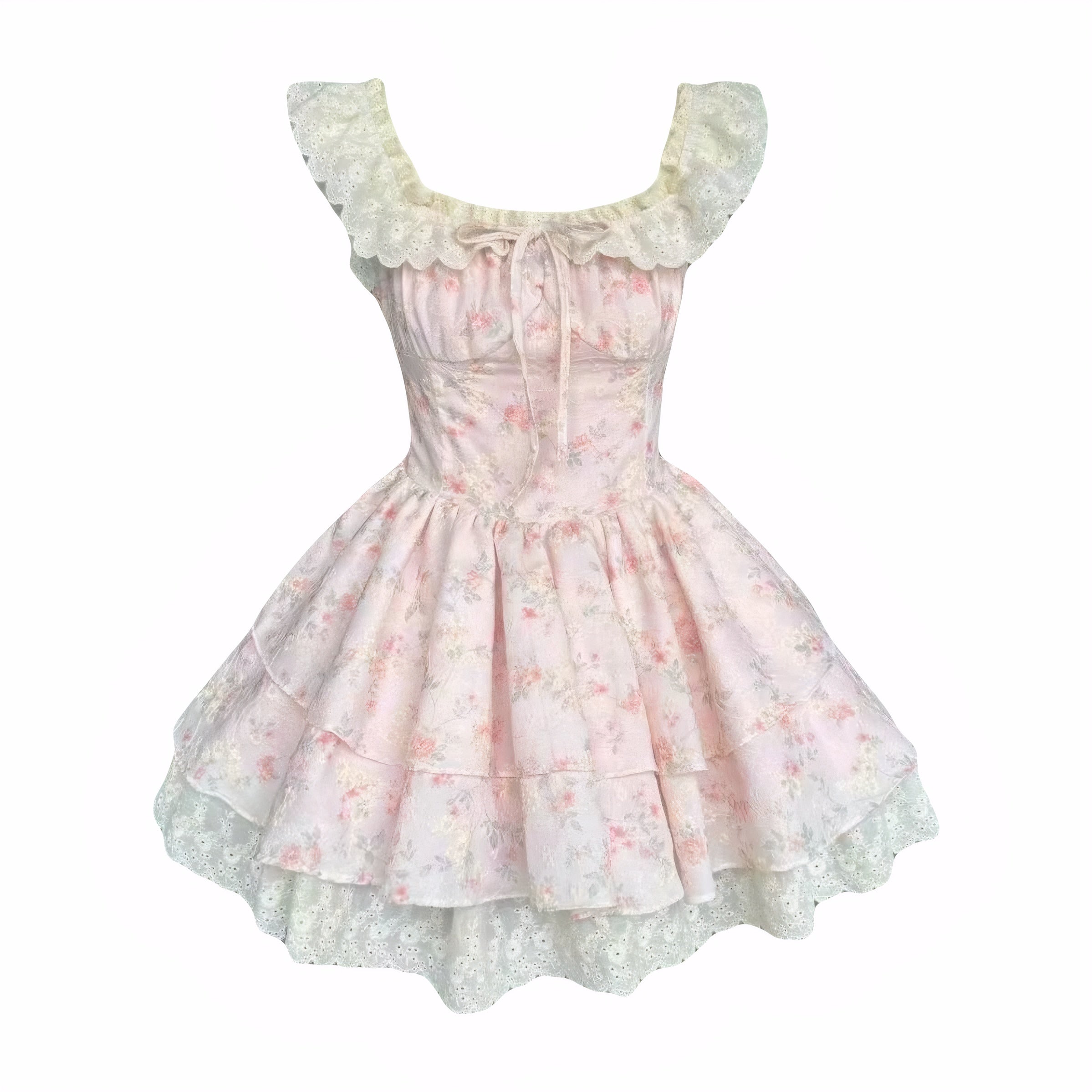 Pink sweet puff sleeve layered summer dress with eyelet lace trim