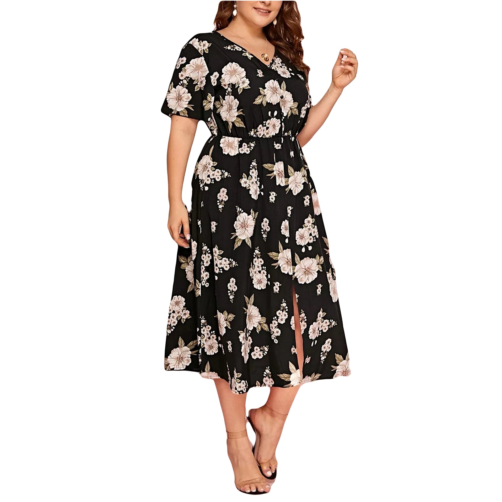 L to XXXL plus size floral summer flowy dress with slit casual floral chiffon dress,beach vacation dress for curvy girls elegant large size dress for women