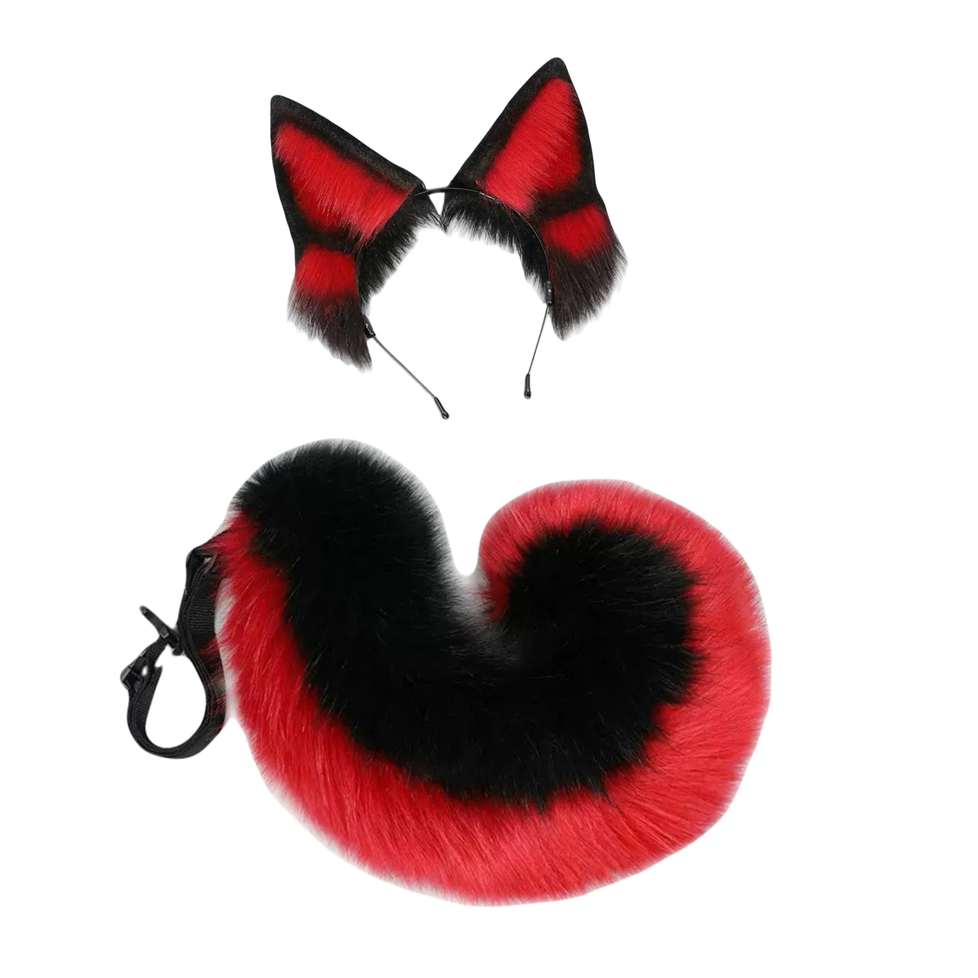 Red and black cosplay dog ears with fluffy tail set for Halloween costume 