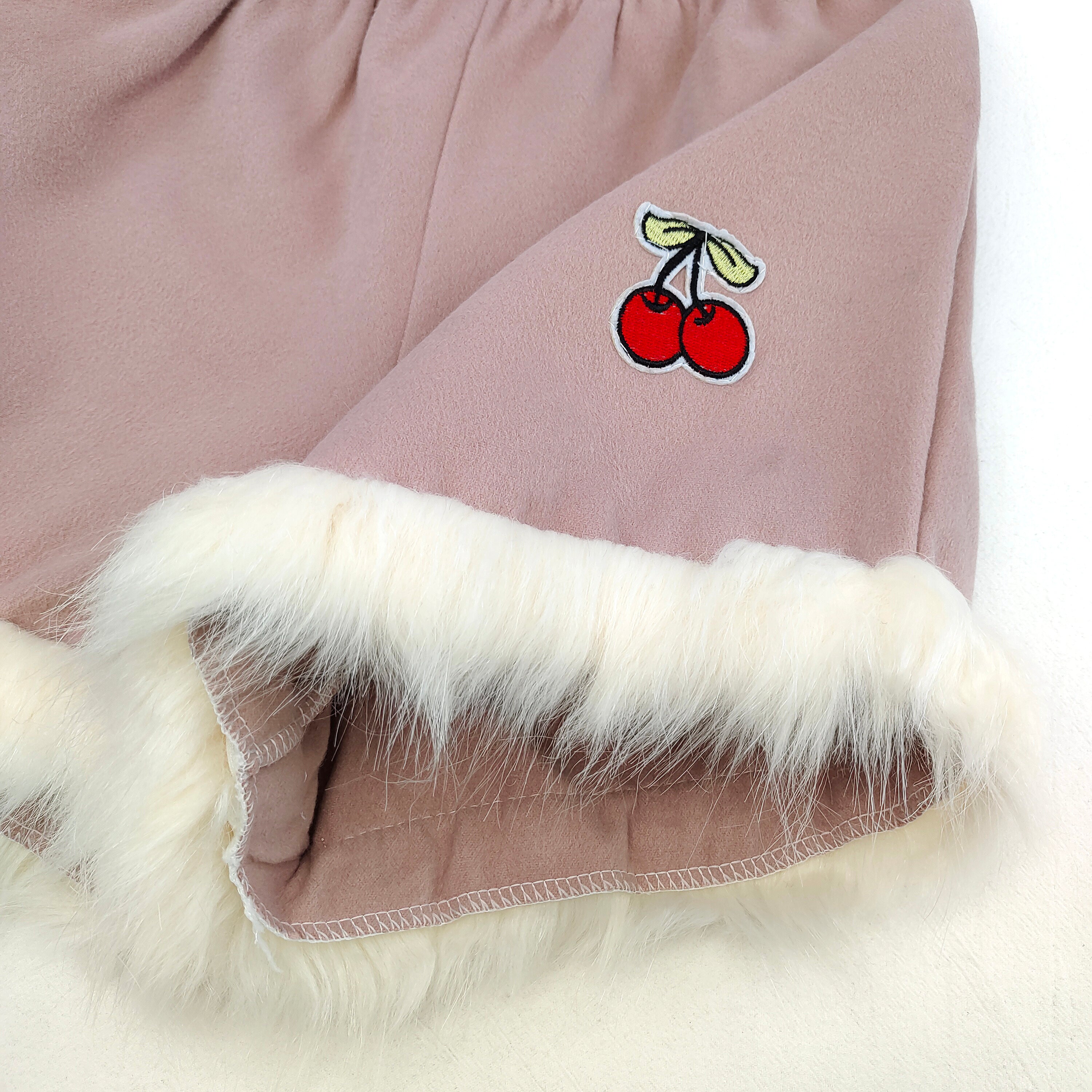 Pink Fleece Trim Shorts with Cherry Embroidery Cozy Winter Cute Style Elastic Waist Shorts
