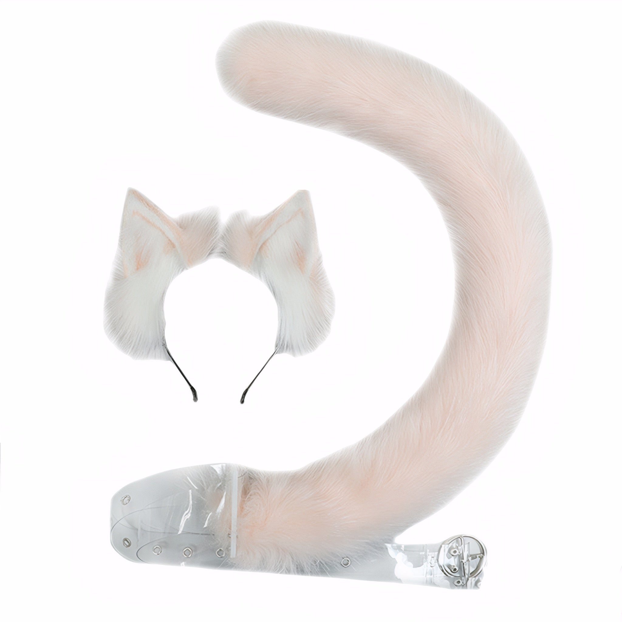 Cute fluffy fox ears headband and soft detachable animal tail cosplay set in pastel pink and white