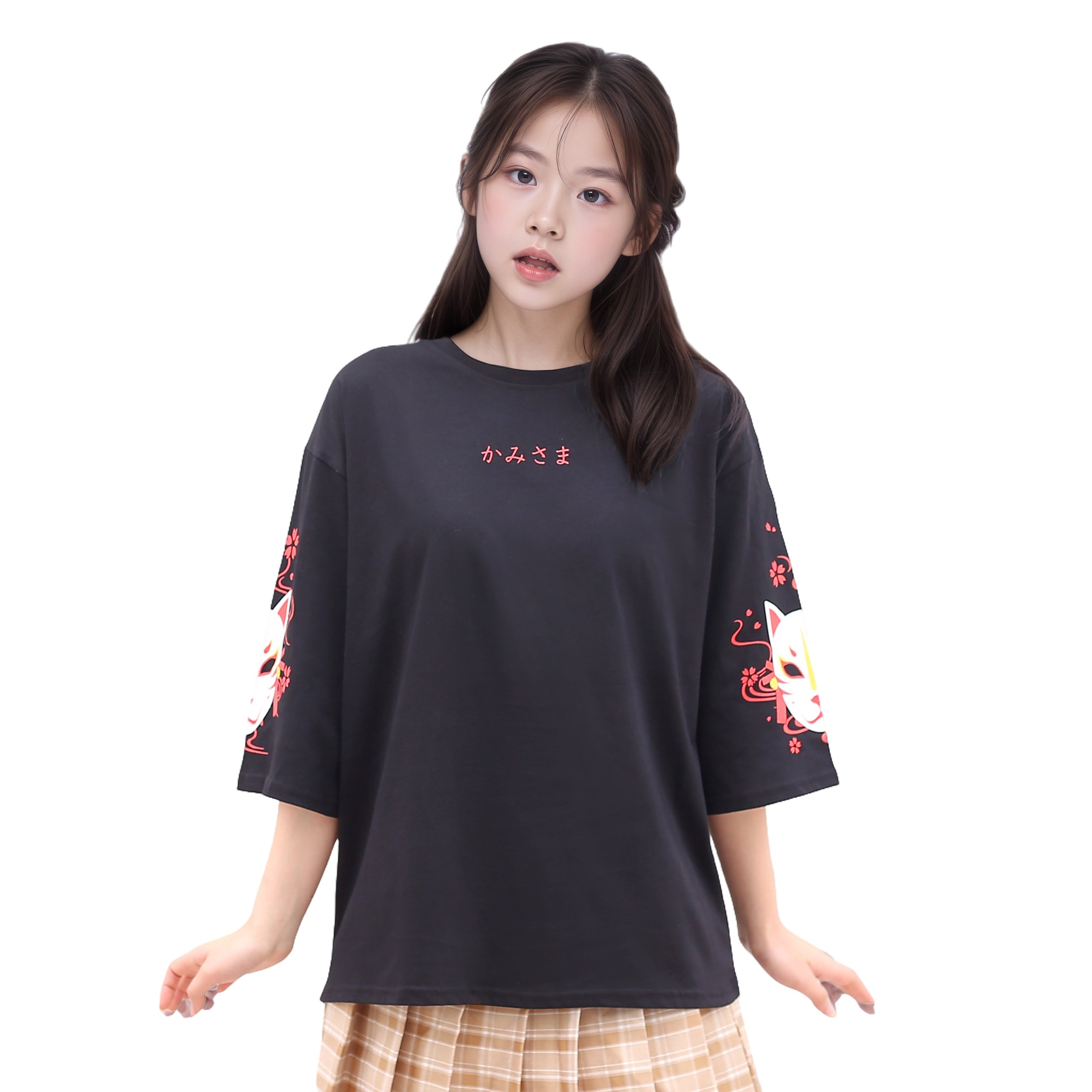 Black oversized T-shirt with red fox mask print on sleeves round neck casual top
