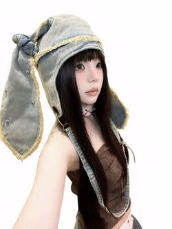 Kawaii Rabbit Ear Denim Hat Bag 2-in-1 Washed Frayed Edge Jean Cap for Girls