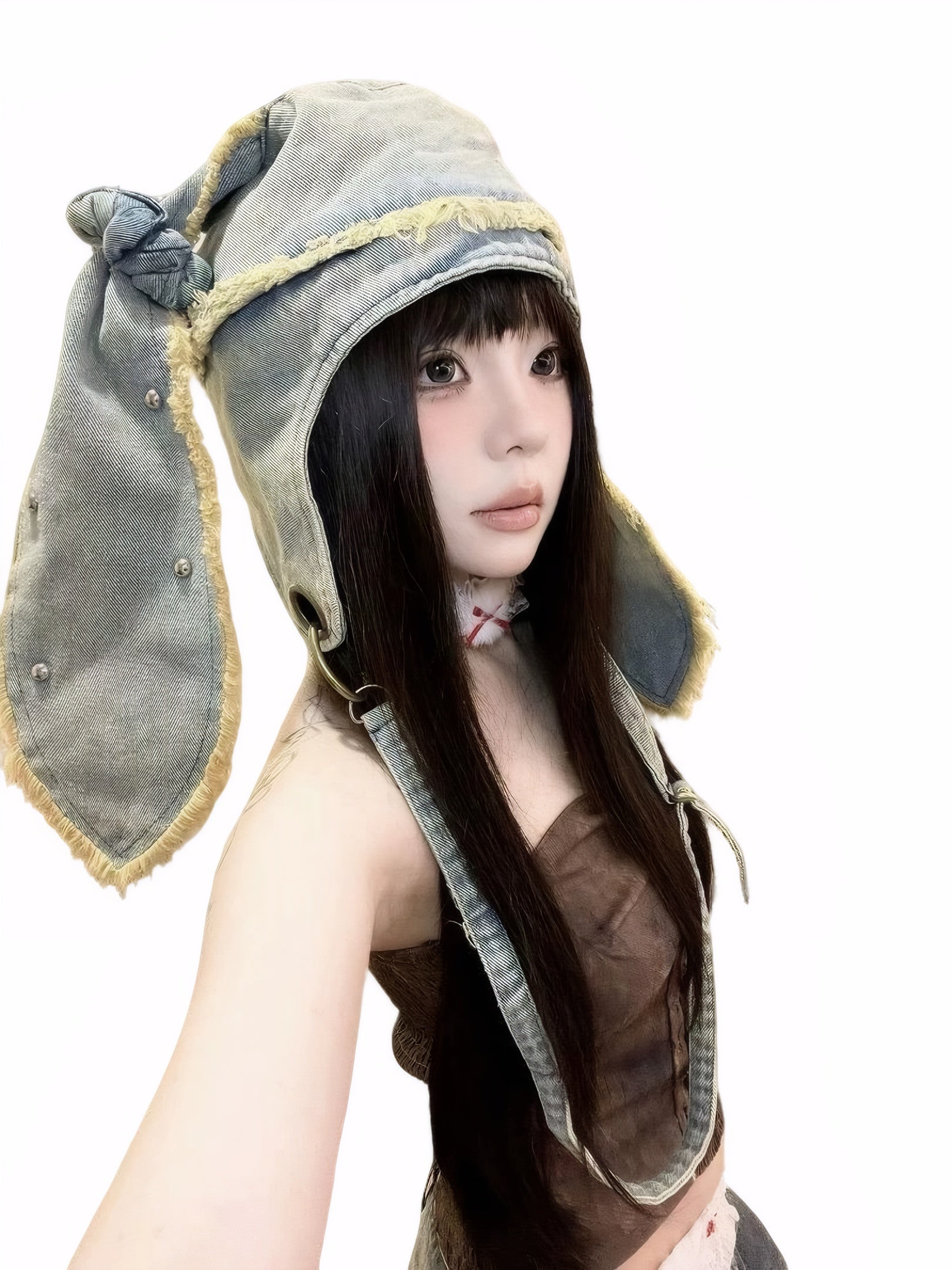 Kawaii Rabbit Ear Denim Hat Bag 2-in-1 Washed Frayed Edge Jean Cap for Girls