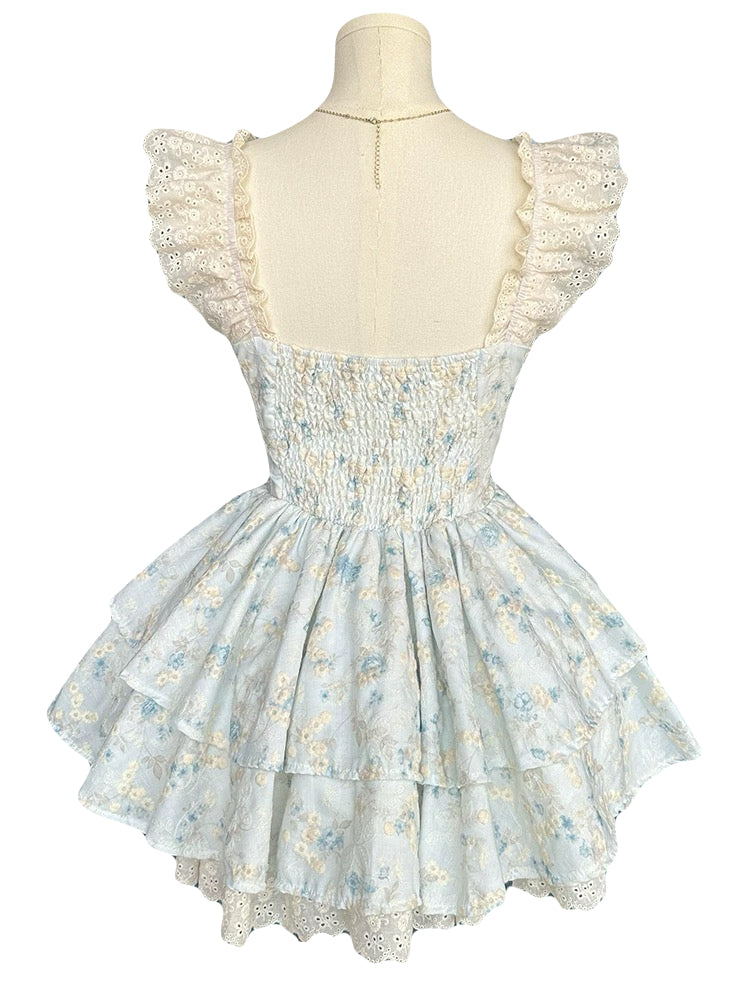 Sweet Floral Embroidered Ruffle Dress Summer Princess Puff Sleeve Tiered Cake Dress with Smocked Back