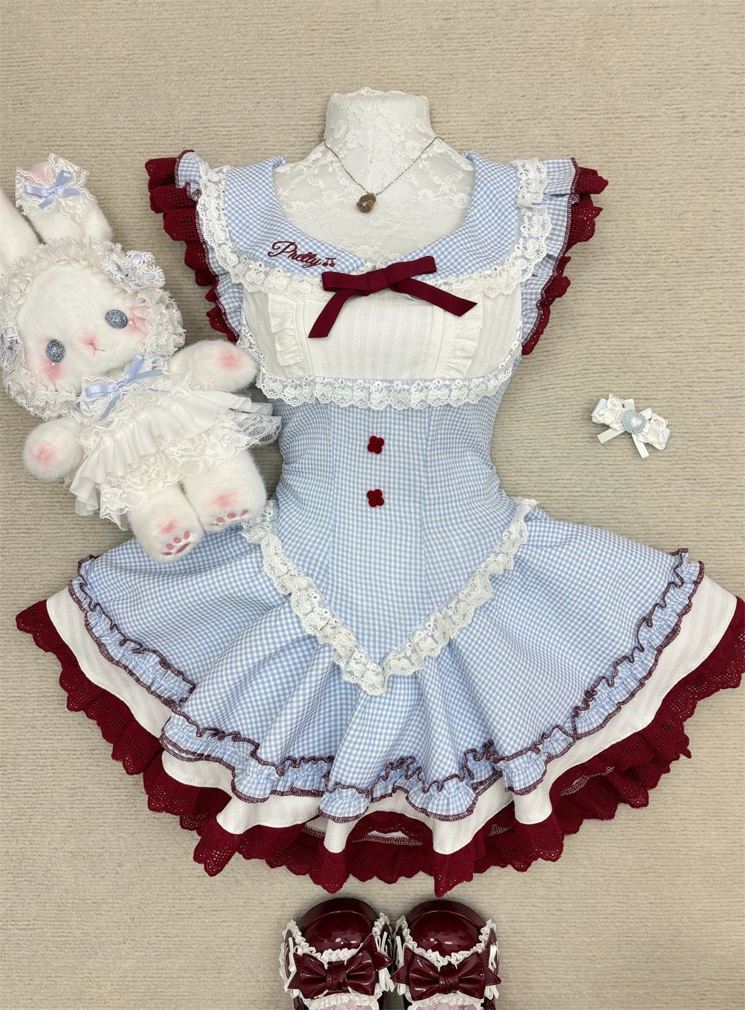 Sweet Lolita Blue Gingham Dress with Red Lace Kawaii Princess Puff Skirt Waist-Cinching Baby Doll Dress