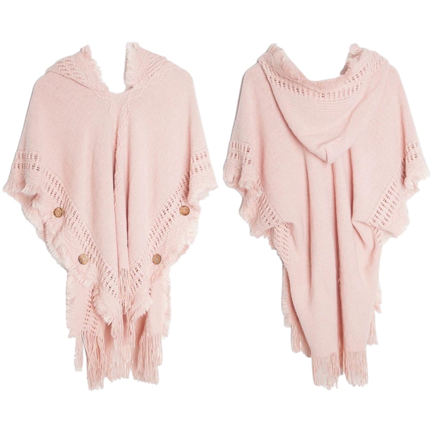 Pink boho fringed cape with hood and side buttons