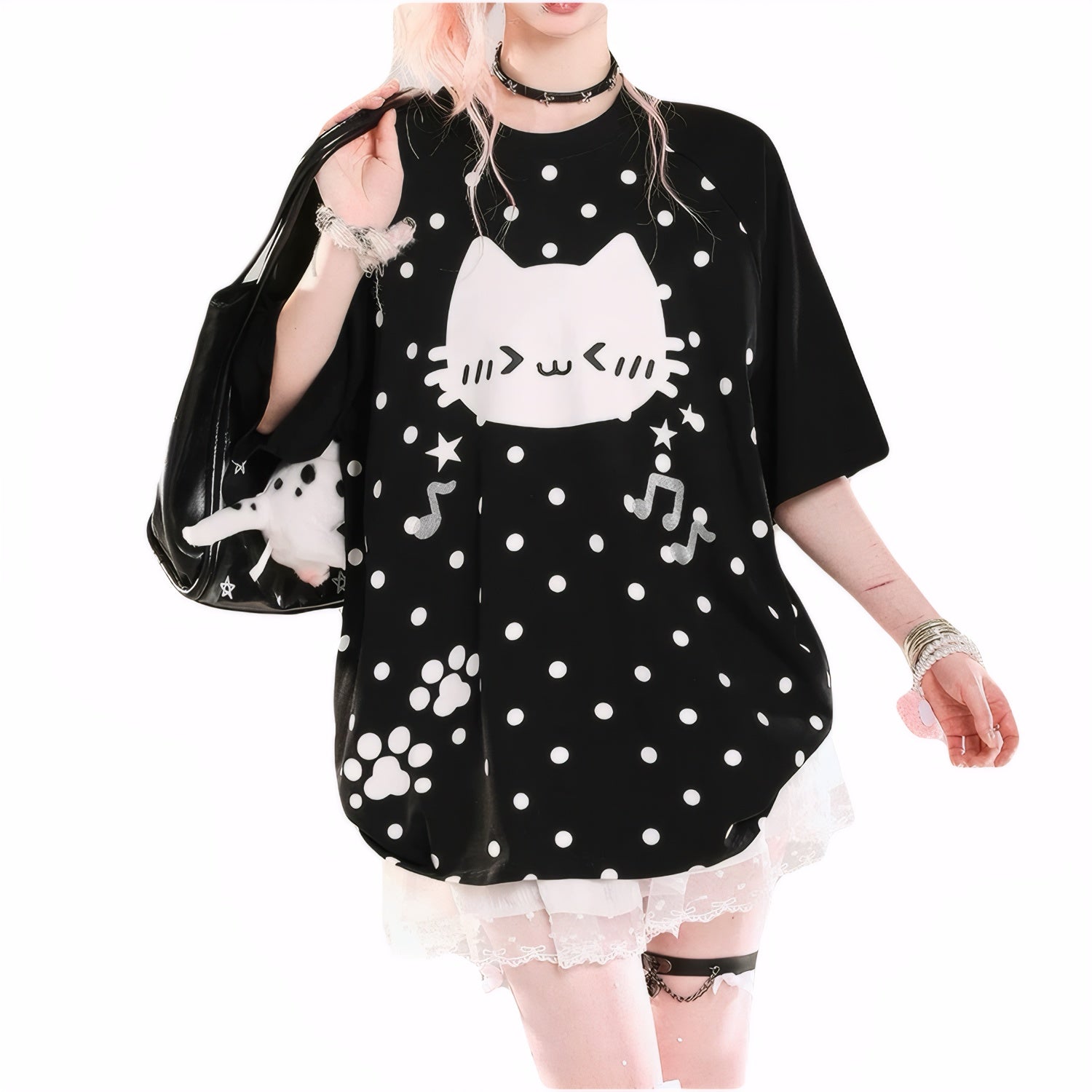 Sweet Kawaii Kitty Print Oversized Raglan T-Shirt Summer Short Sleeve Tee for Girls Harajuku Korean Style Chic Top