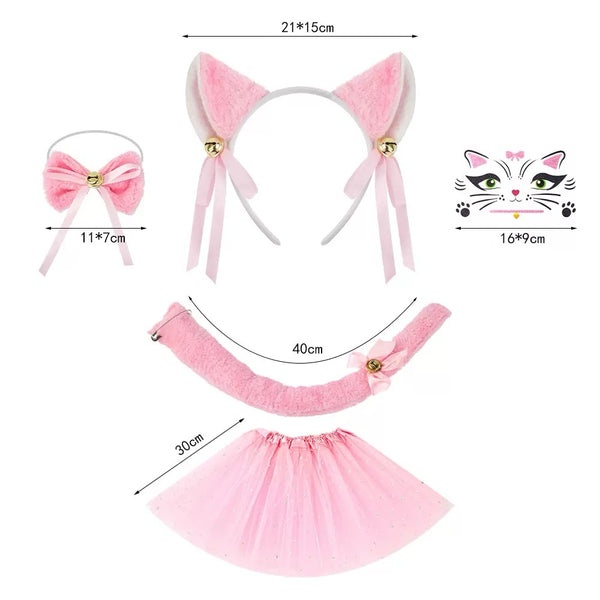 Pink kawaii cosplay costume set with fluffy ears and starry skirt cute cat cosplay, furry ear headband