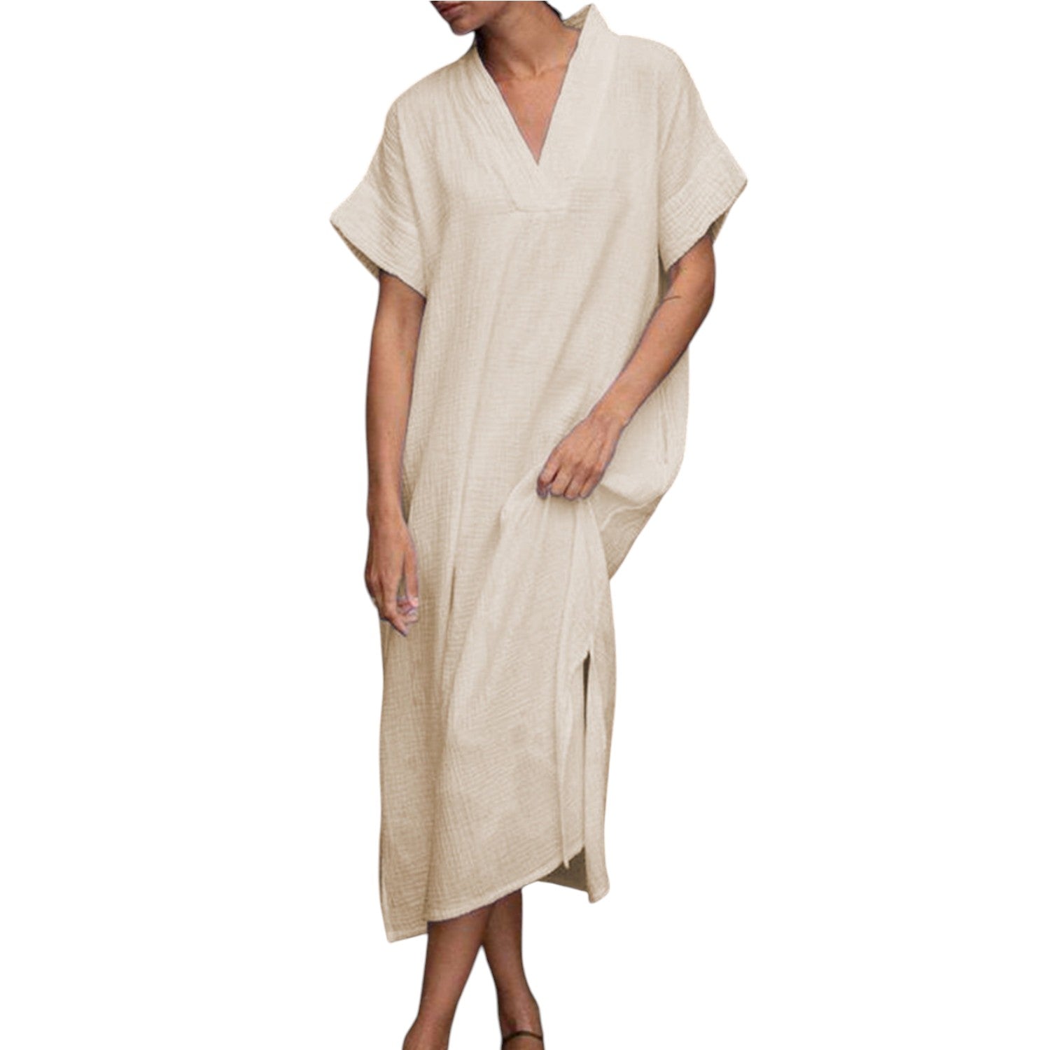 Beige 100% cotton gauze loose sleep dress with V-neck and relaxed fit, cozy home loungewear.