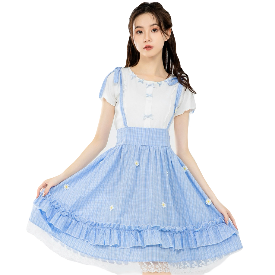 blue strap daisy embroidered gingham summer lolita skirt plaid pastel aesthetic outfit for teens girls