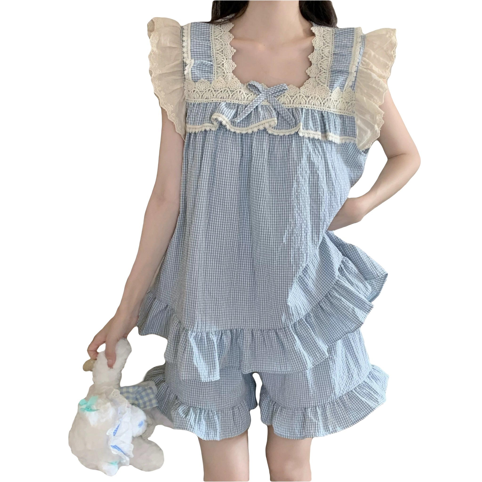 korean sleepwear set cute pajama ruffle lace pajamas, summer homewear gingham loungewear women’s sleep set