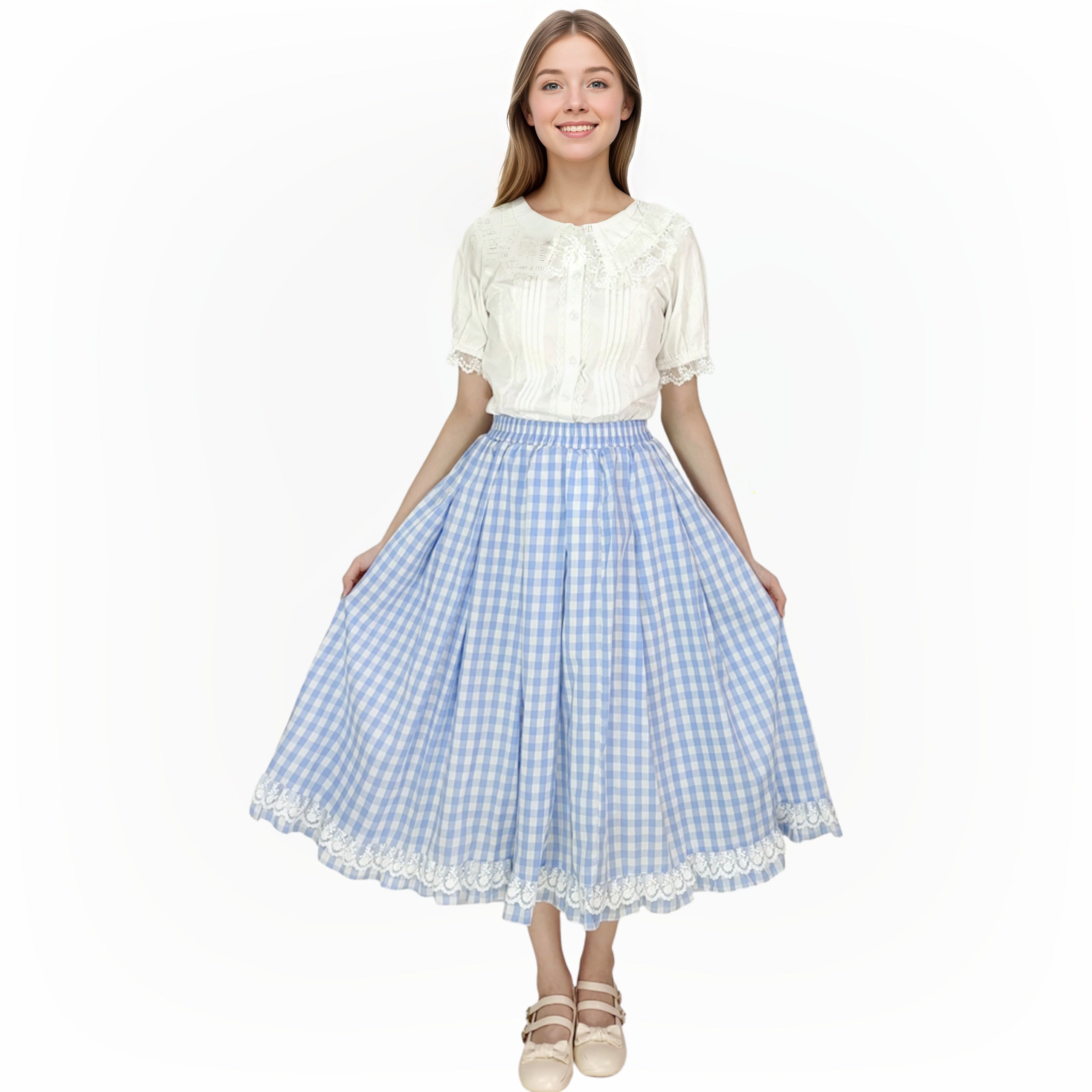 Light blue checkered Lolita high waist skirt with lace trim and cute details