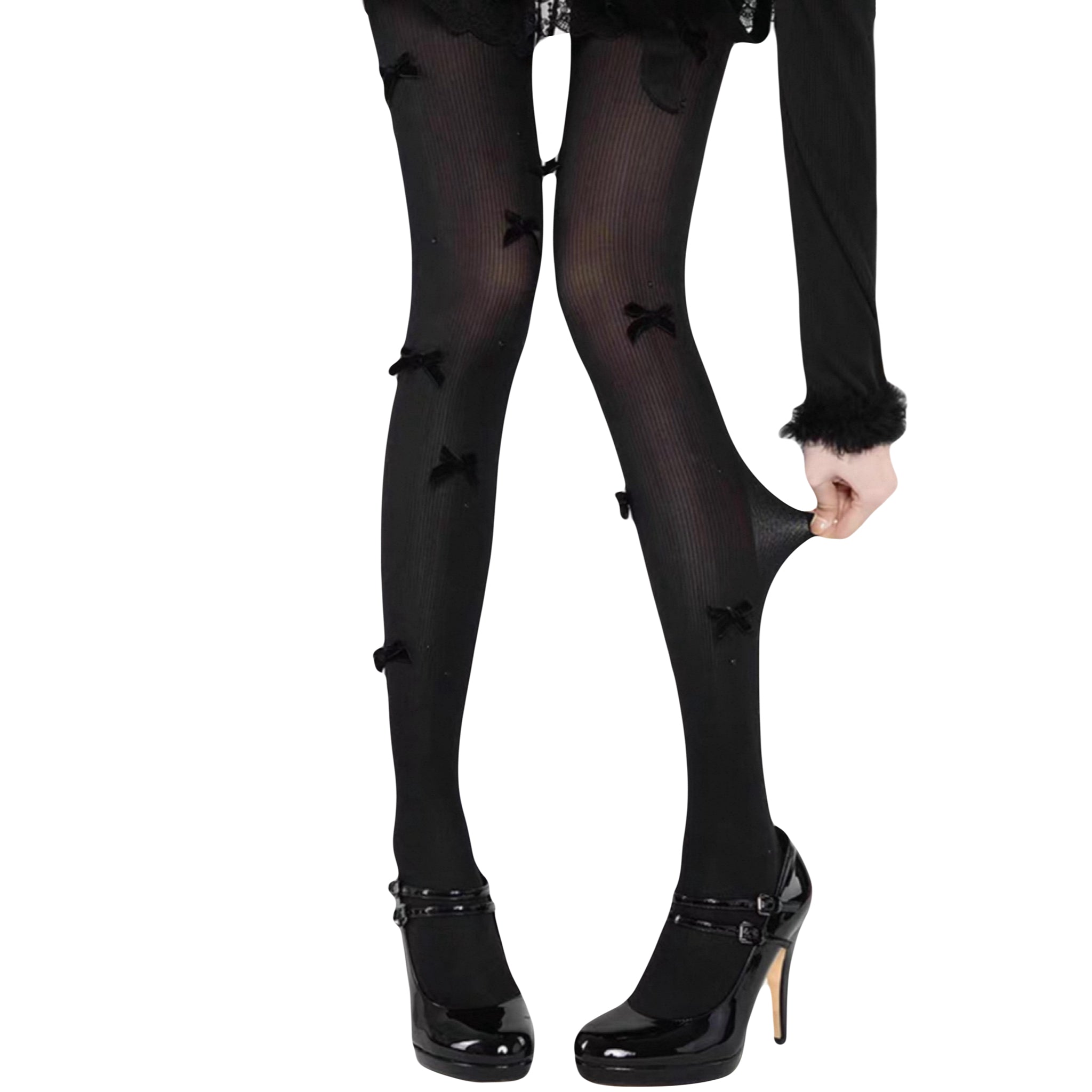 Black gothic Lolita tights with bowknots and pearl accents sheer spring tights