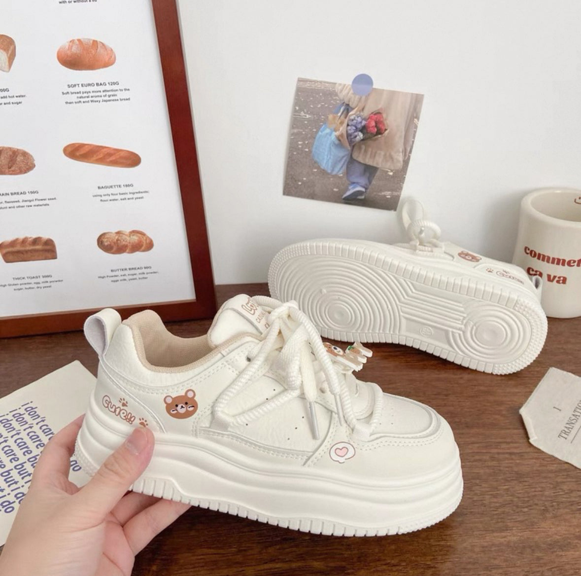 Cute Bear Platform Sneakers for Women 2025 Spring PU Leather Casual Shoes